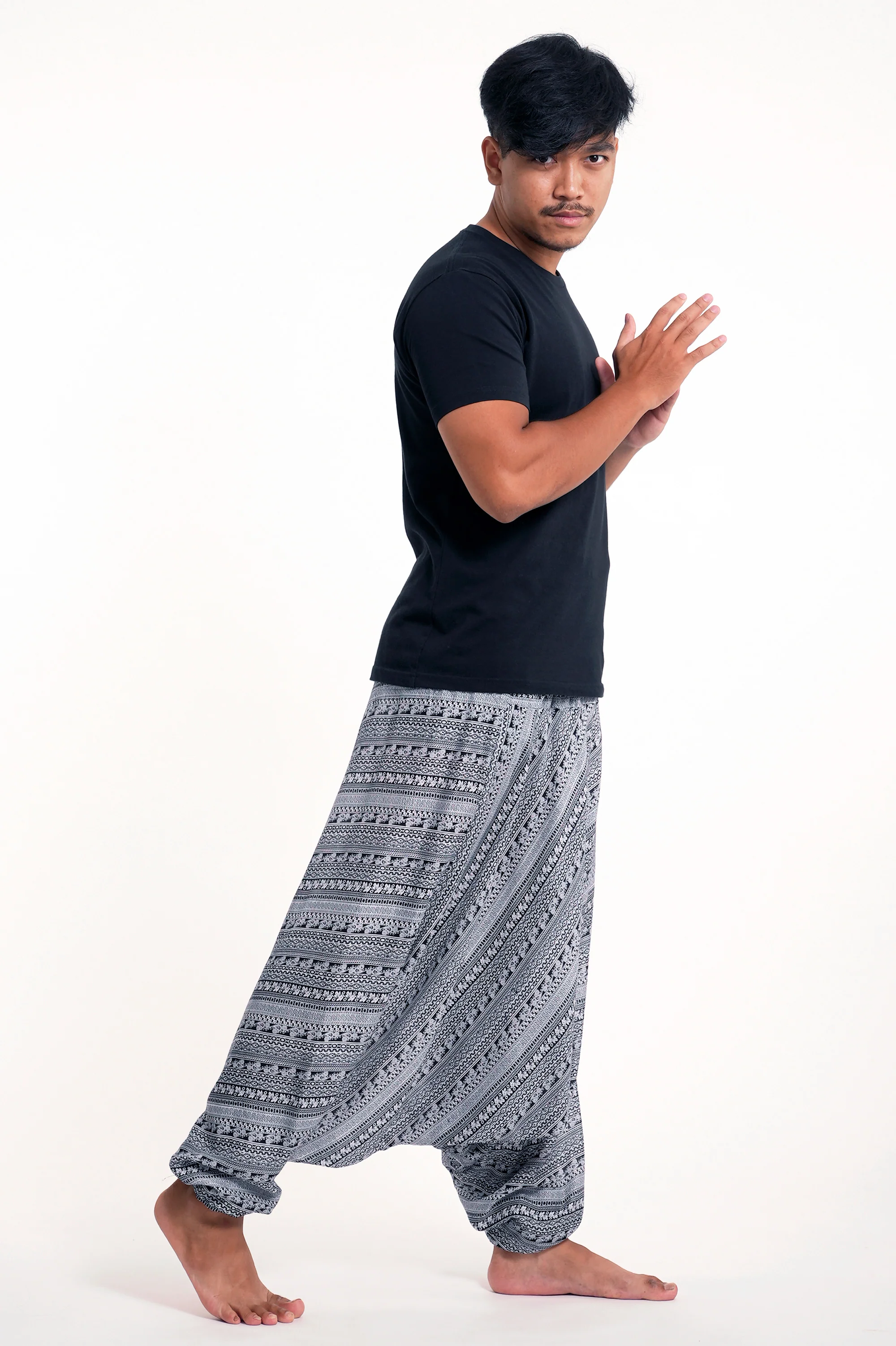 Aztec Stripes Drop Crotch Men's Harem Pants in Gray - Image 3