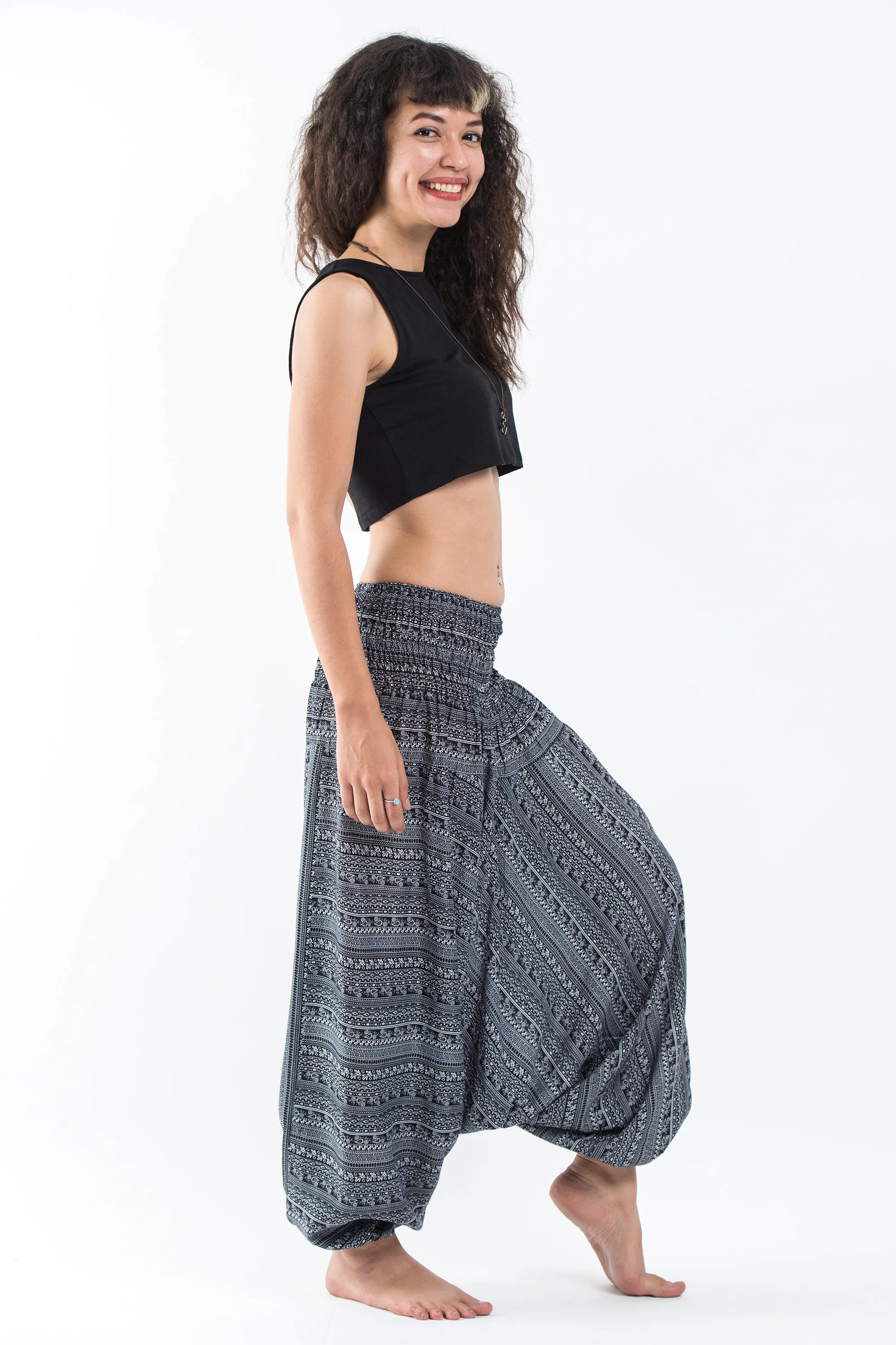 Aztec Stripes 2-in-1 Jumpsuit Harem Pants in Black - Image 3