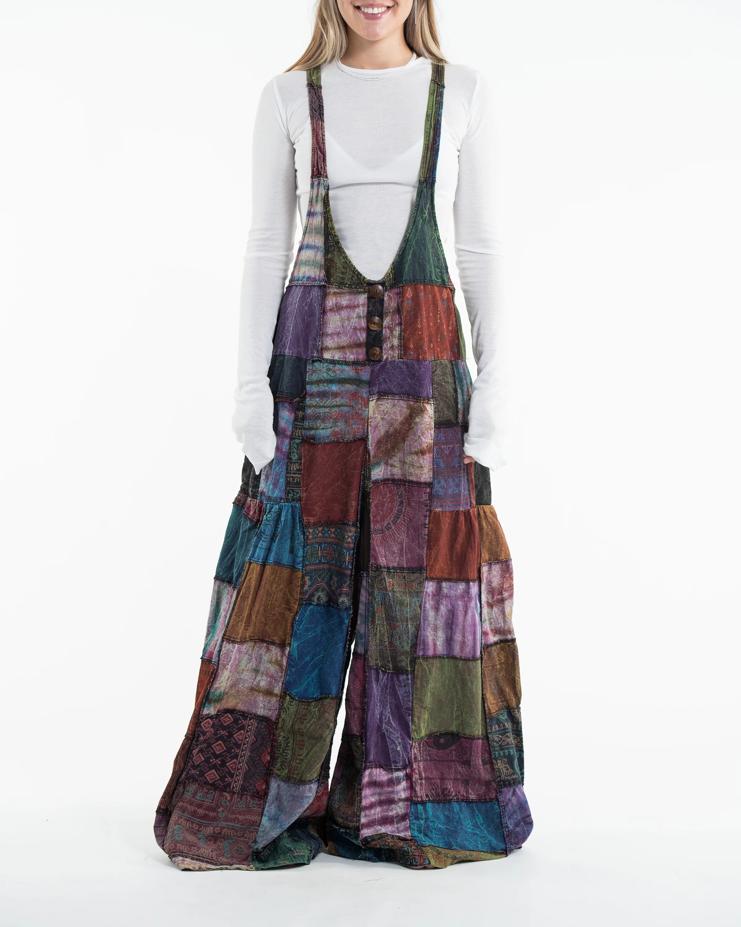 Baggy Style Patchwork Stonewash Overall in Multi Black - Image 2
