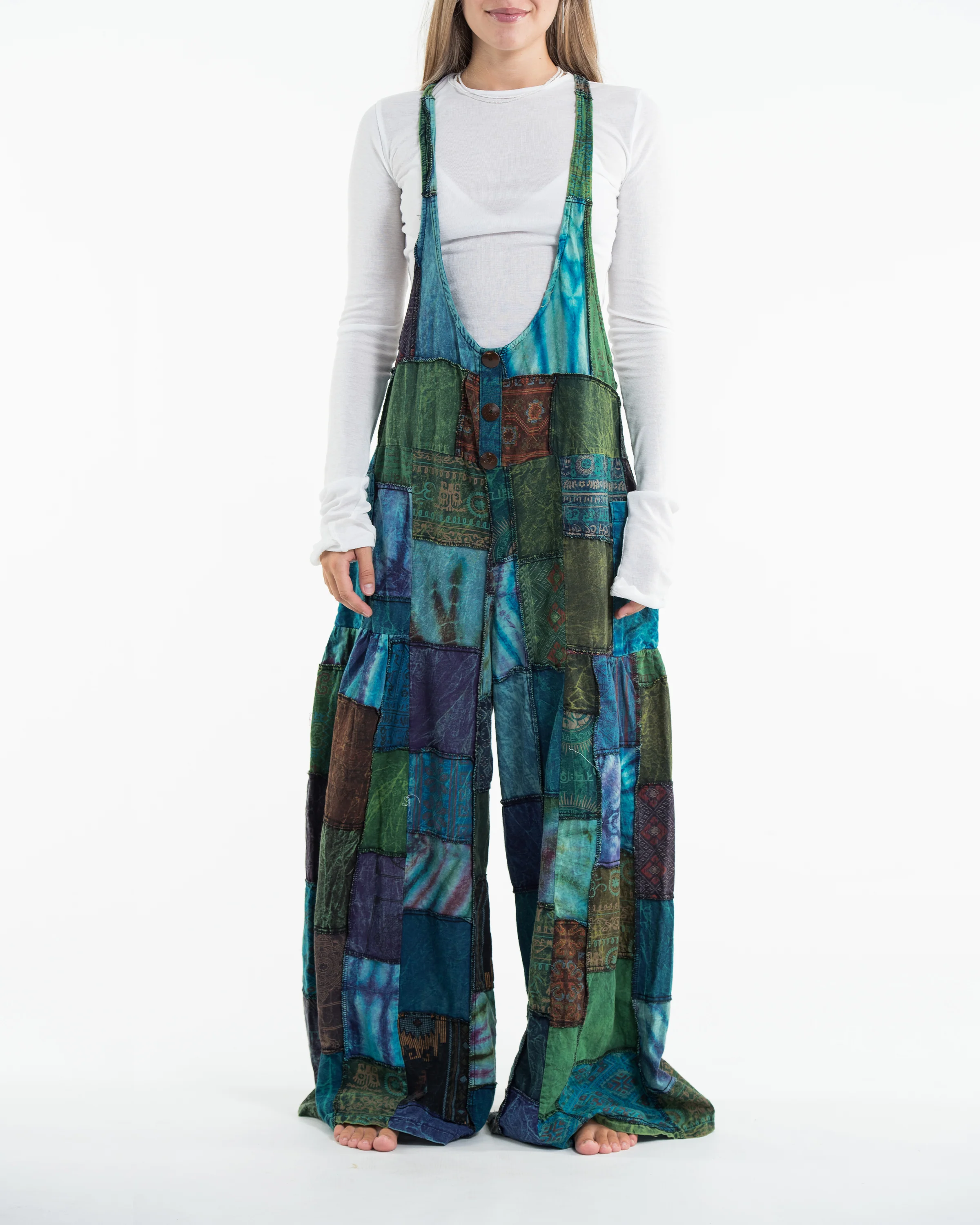 Baggy Style Patchwork Stonewash Overall in Multi Blue - Image 2