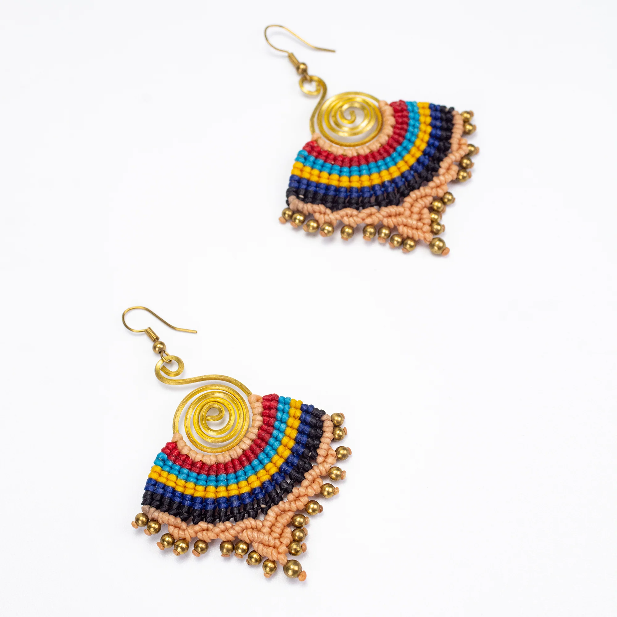 Beige Rainbow Waxed String Spiral Brass Earrings - Image 2