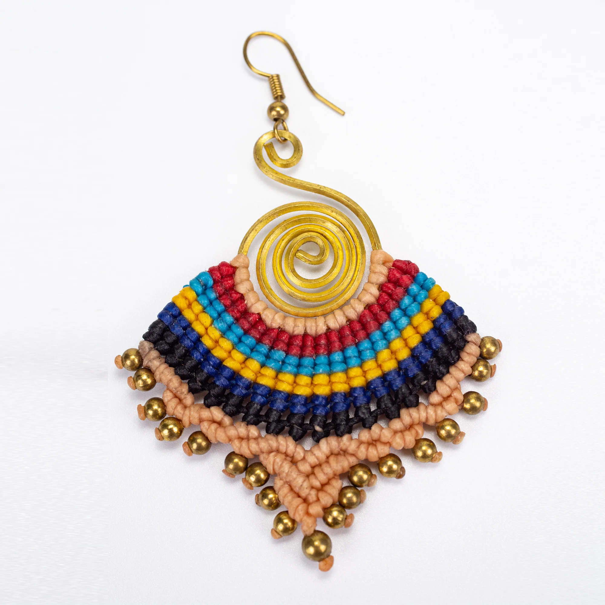 Beige Rainbow Waxed String Spiral Brass Earrings - Image 3