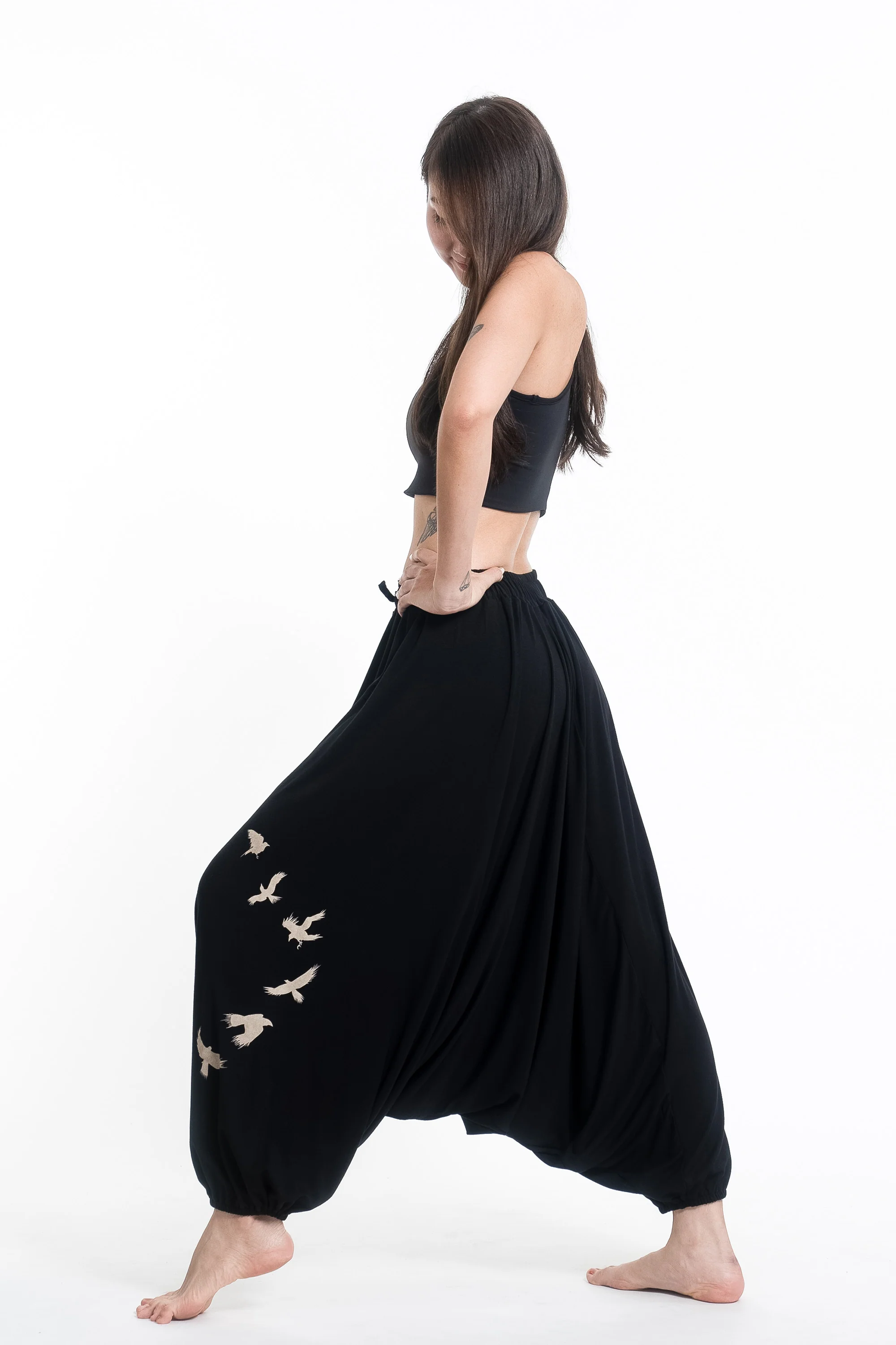 Birds Print Drawstring Low Cut Harem Pants Cotton Spandex in Black - Image 3