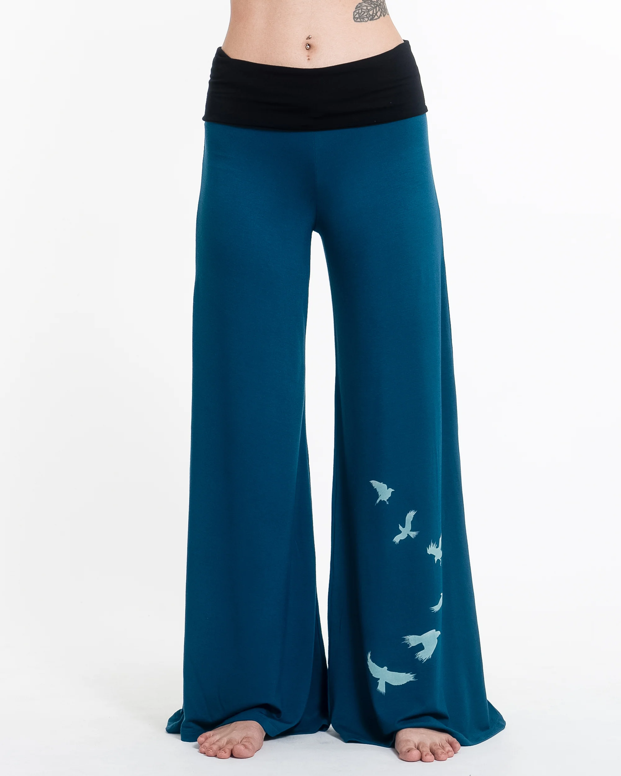 Birds Print Wide Leg Palazzo Harem Pants Cotton Spandex in Turquoise - Image 2