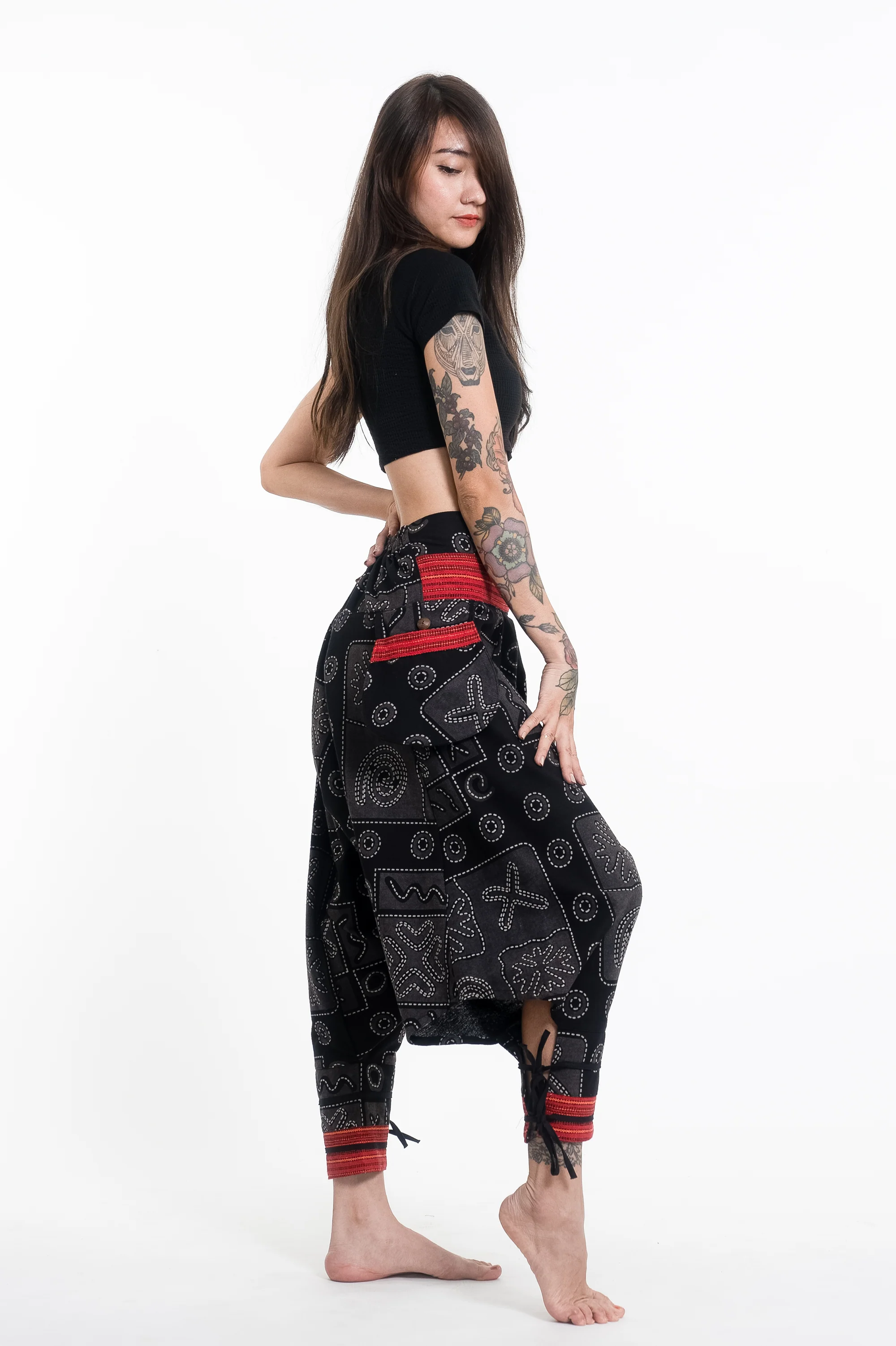 Black and Gray Thai Hill Tribe Fabric Women's Harem Pants with Ankle Straps - Image 3
