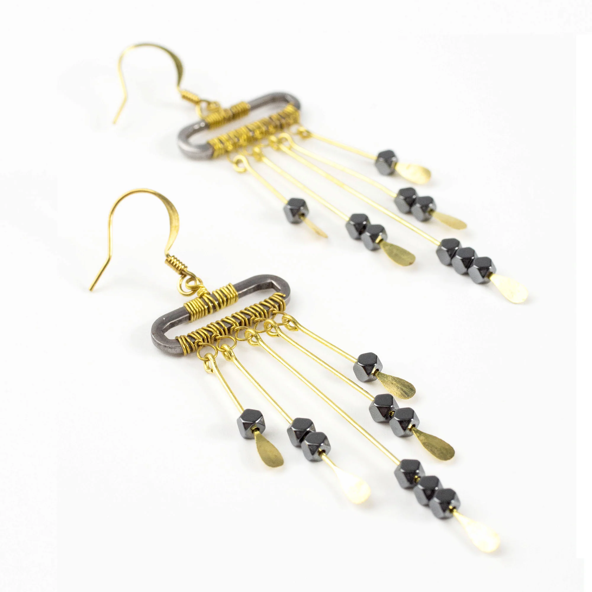 Black Beads Bar Brass Earrings - Image 3