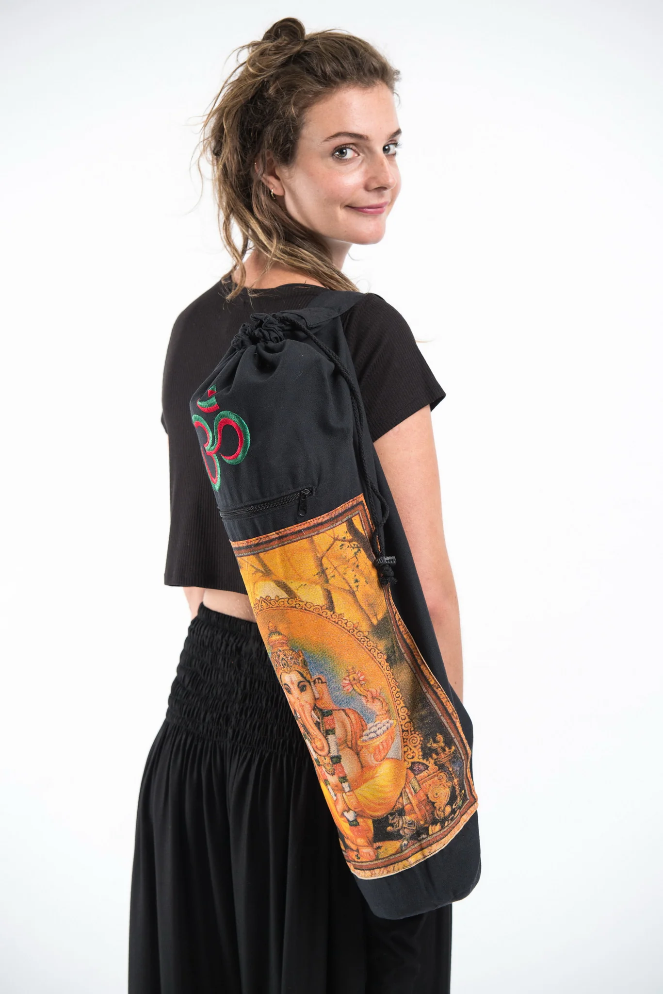 Black Embroidered Ohm + Ganesha Print Cotton & Hemp Yoga Mat Bag - Image 2