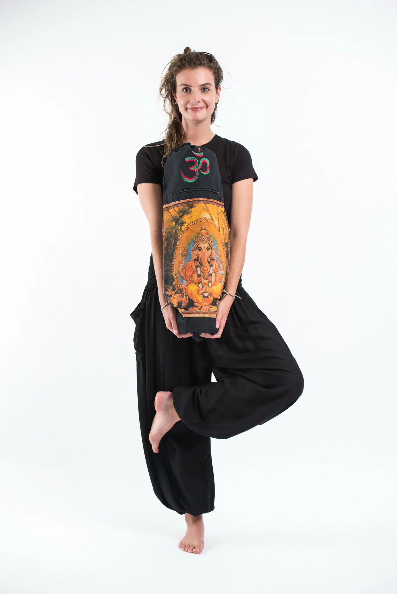 Black Embroidered Ohm + Ganesha Print Cotton & Hemp Yoga Mat Bag - Image 3