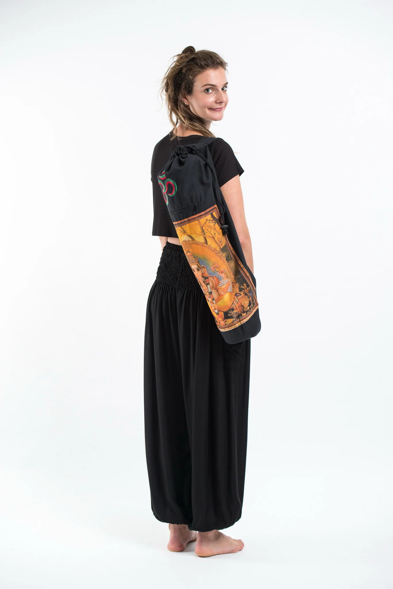 Black Embroidered Ohm + Ganesha Print Cotton & Hemp Yoga Mat Bag - Image 4