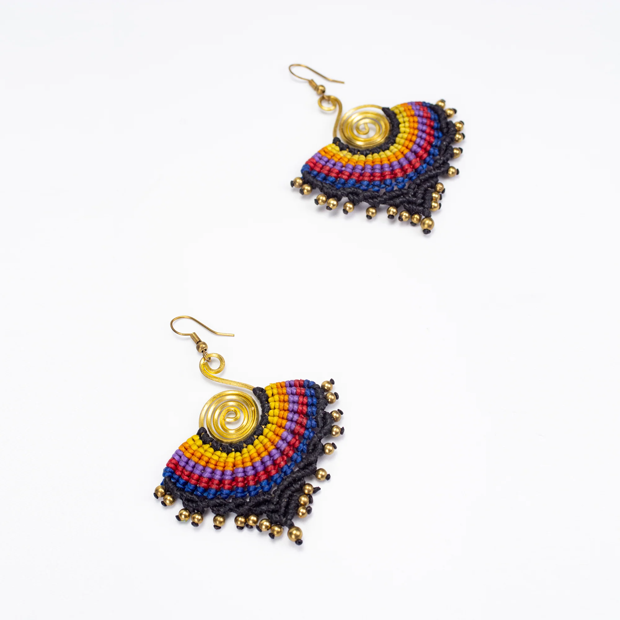 Black Rainbow Waxed String Spiral Brass Earrings - Image 2