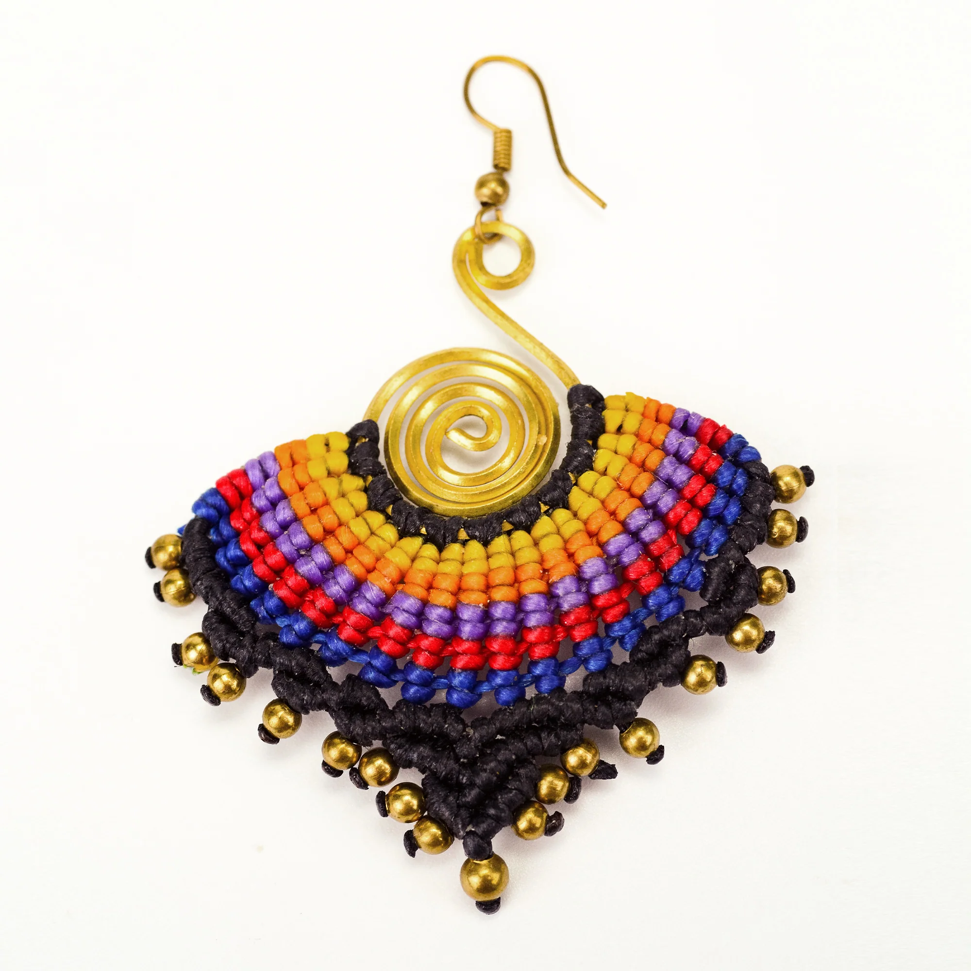 Black Rainbow Waxed String Spiral Brass Earrings - Image 3
