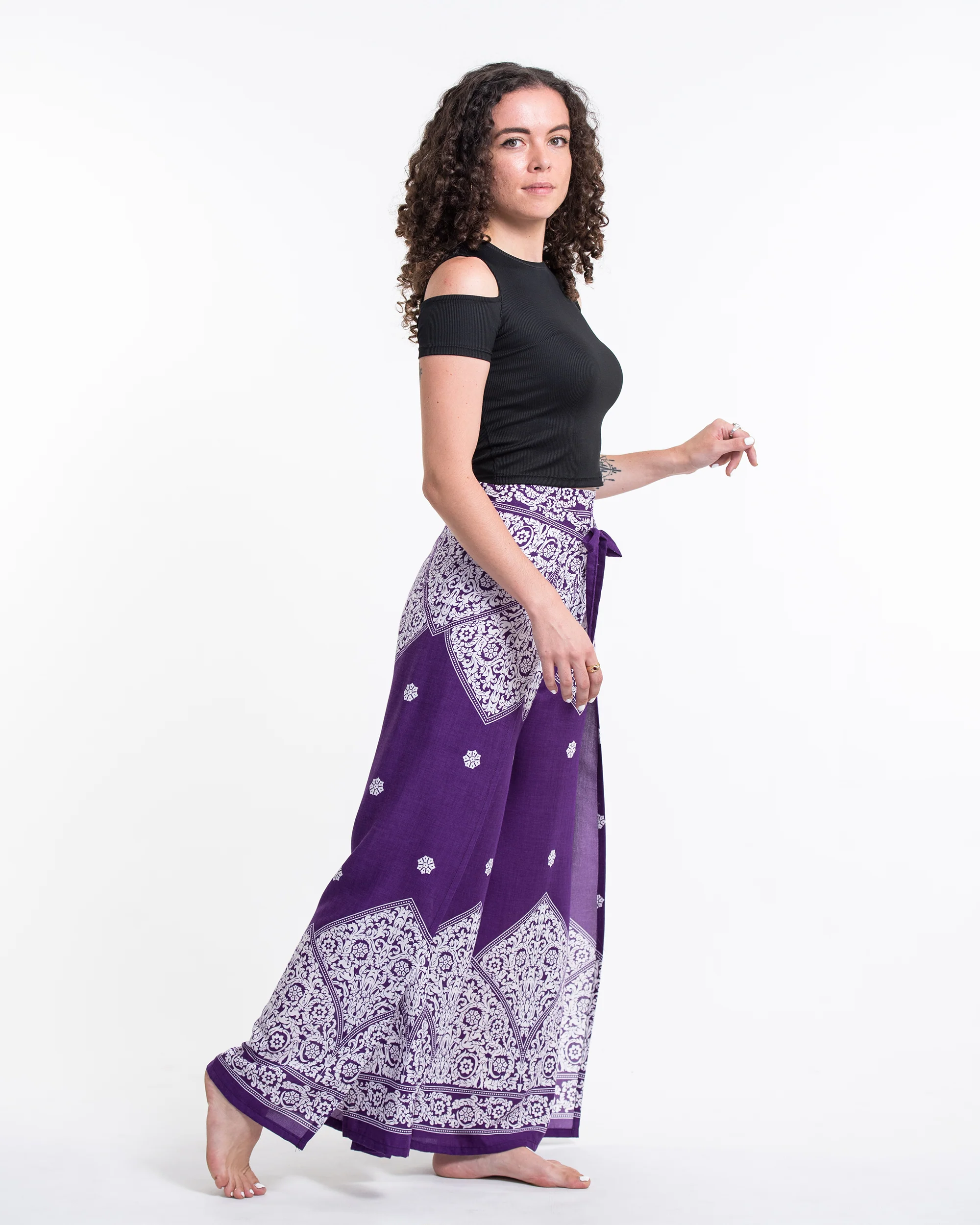 Blooming Vines Wrap Palazzo Style Harem Pants in Purple - Image 3