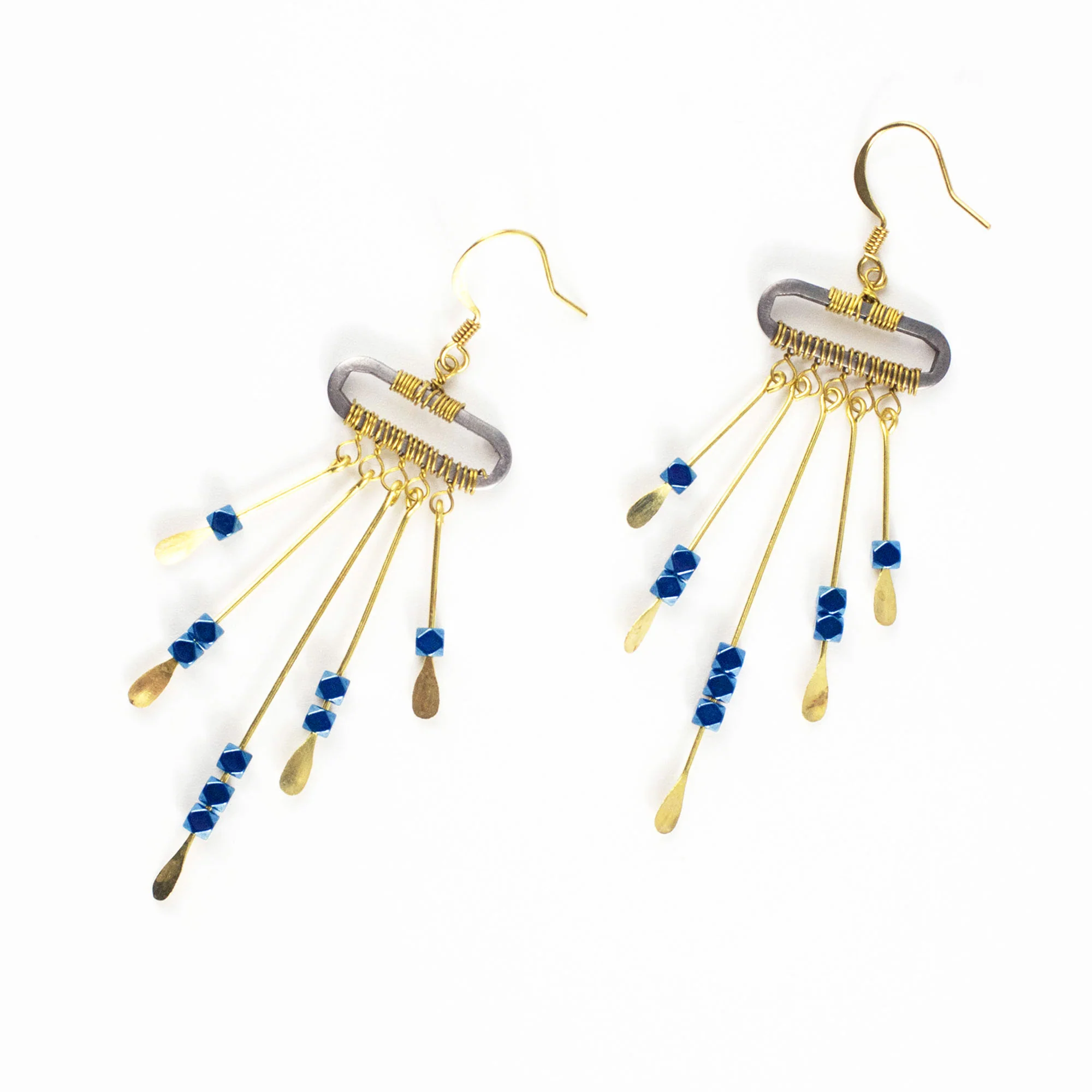 Blue Beads Bar Brass Earrings - Image 2