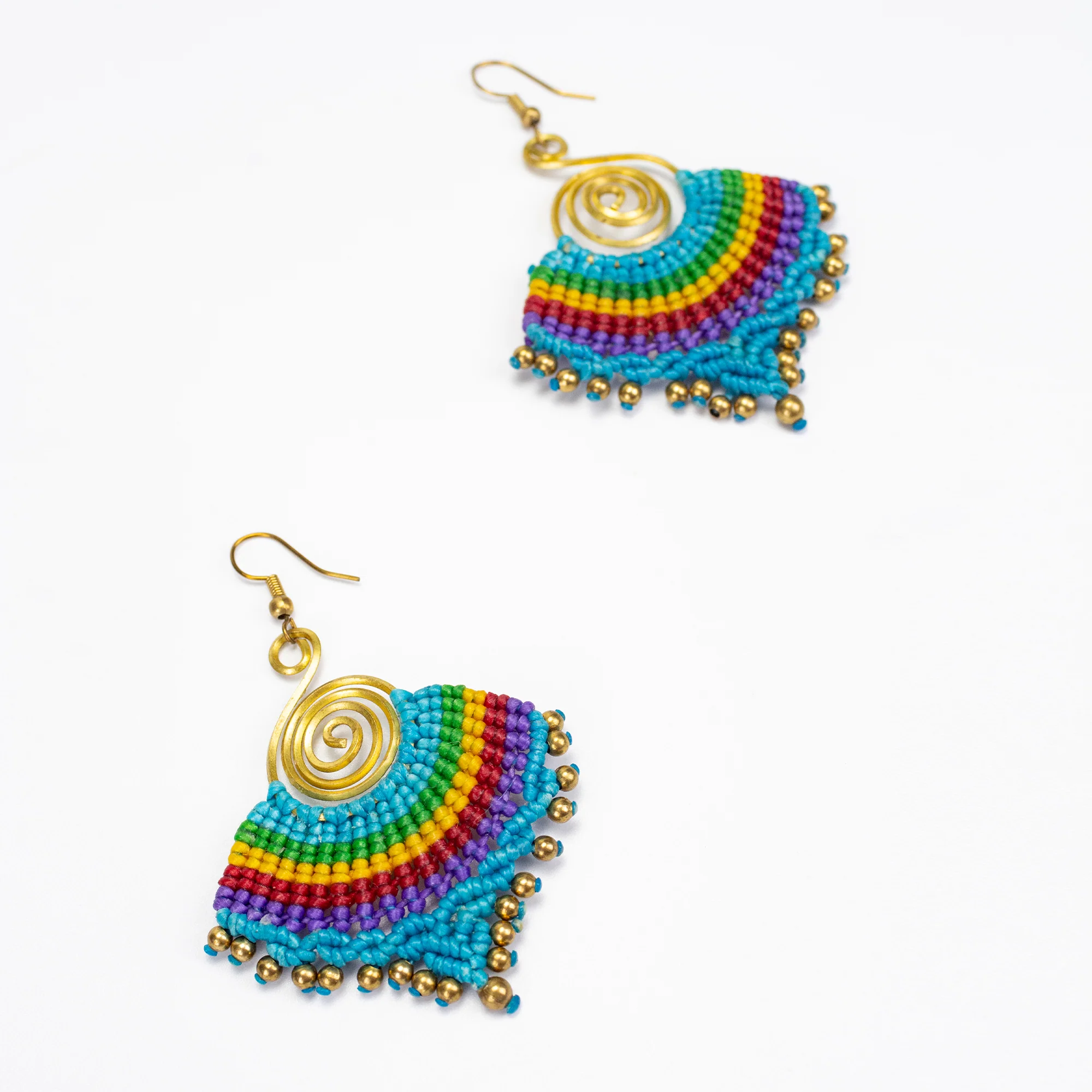 Blue Rainbow Waxed String Spiral Brass Earrings - Image 2