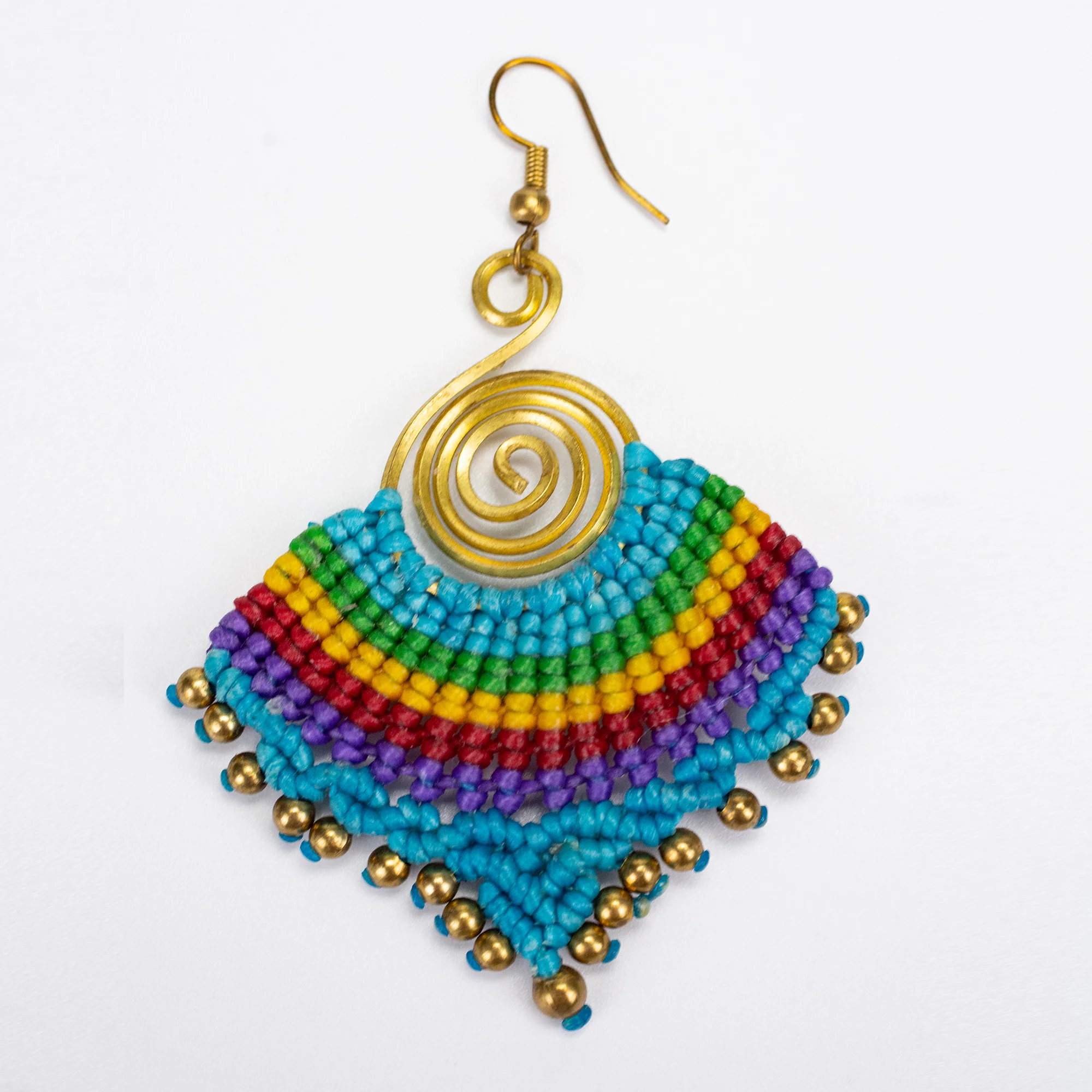 Blue Rainbow Waxed String Spiral Brass Earrings - Image 3