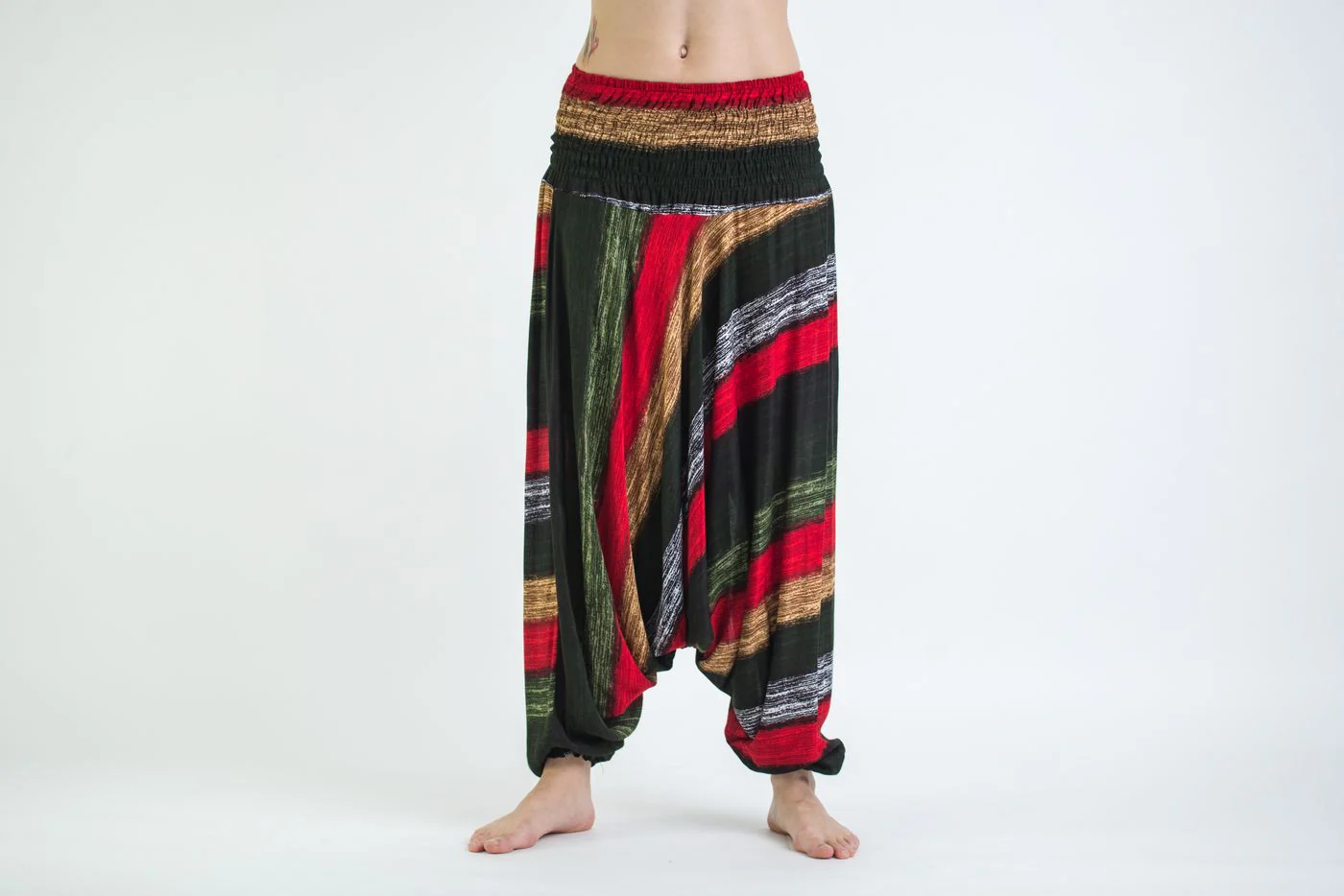 Boho Striped 2-in-1 Jumpsuit Harem Pants in Green - Image 2