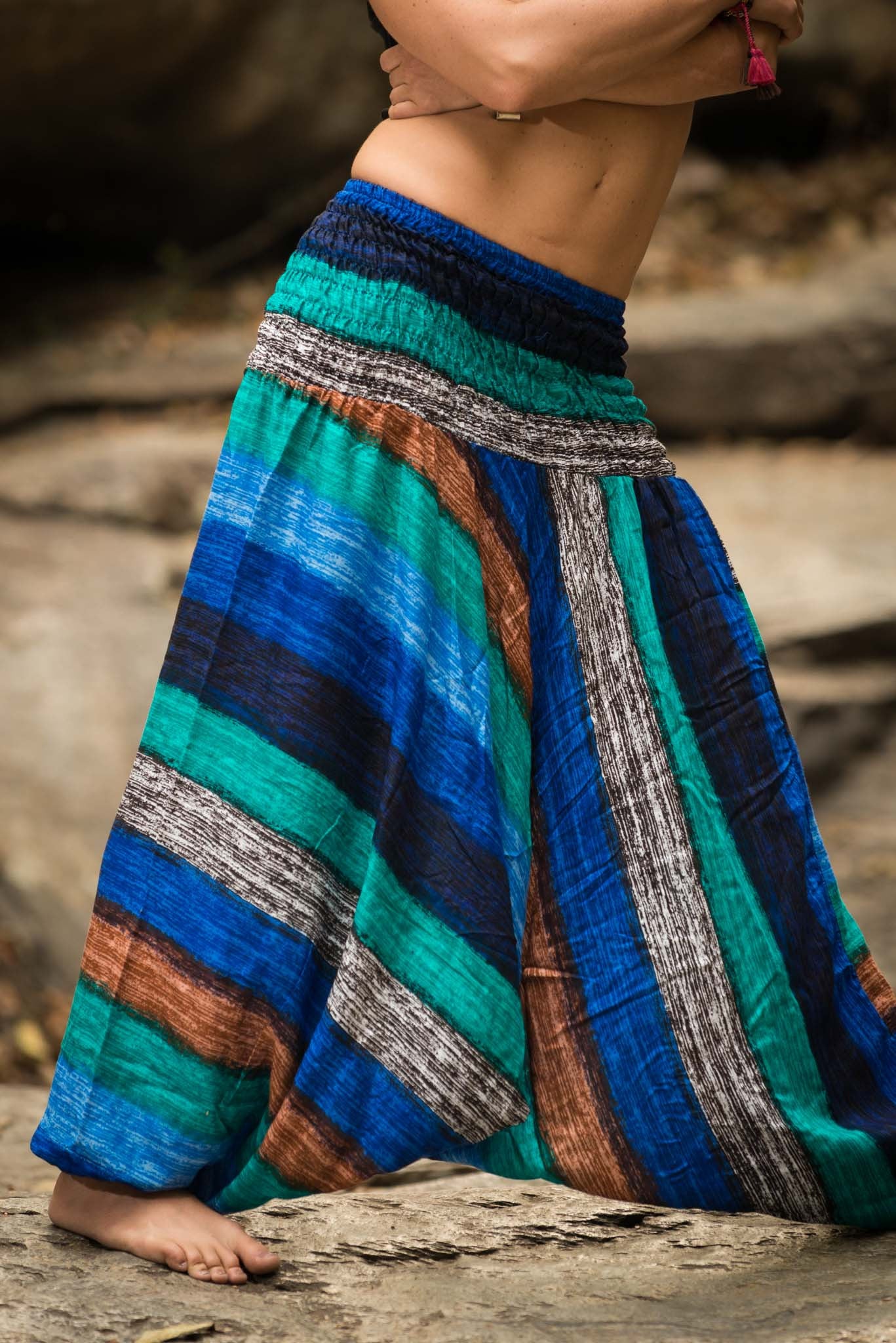 Boho Striped 2-in-1 Jumpsuit Harem Pants in Turquoise - Image 4
