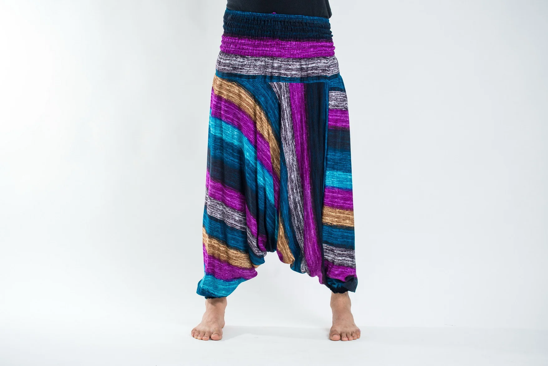 Boho Striped Drop Crotch Men's Harem Pants in Blue - Image 2