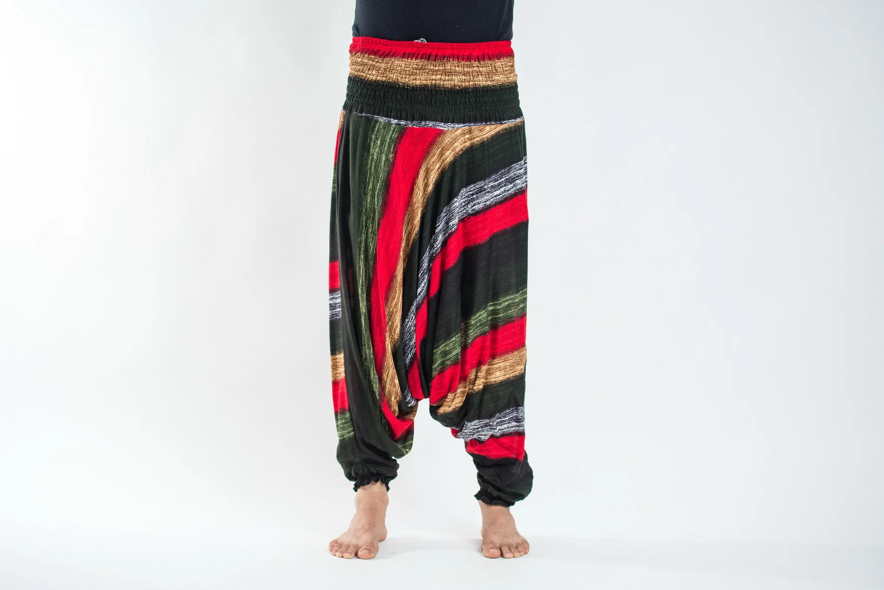 Boho Striped Drop Crotch Men's Harem Pants in Green - Image 2
