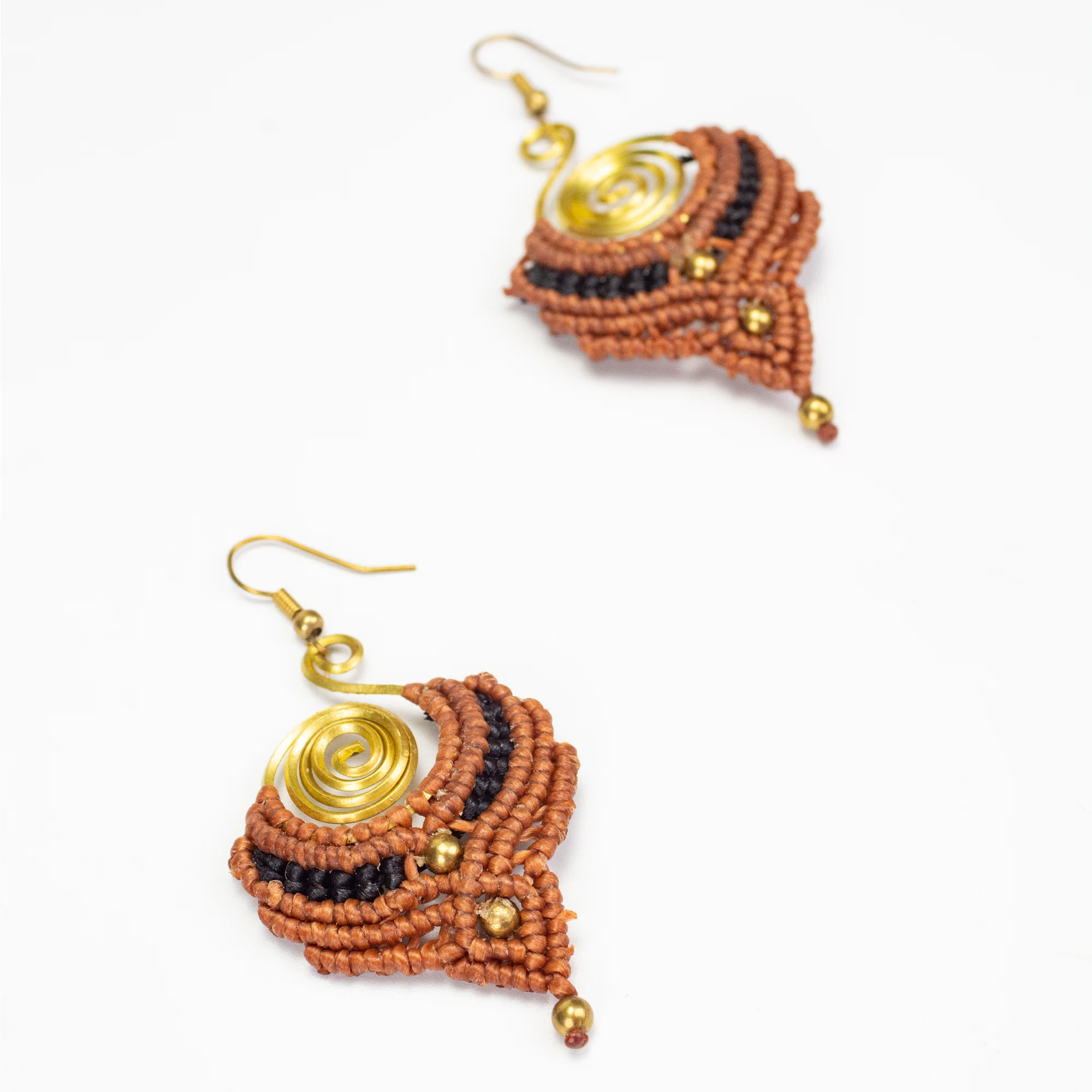 Brown Black Waxed String Spiral Brass Earrings - Image 2