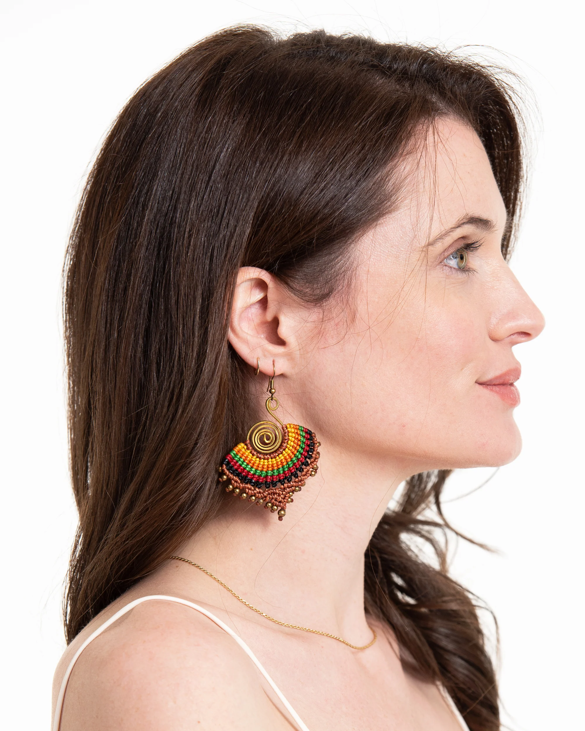 Brown Rainbow Waxed String Spiral Brass Earrings