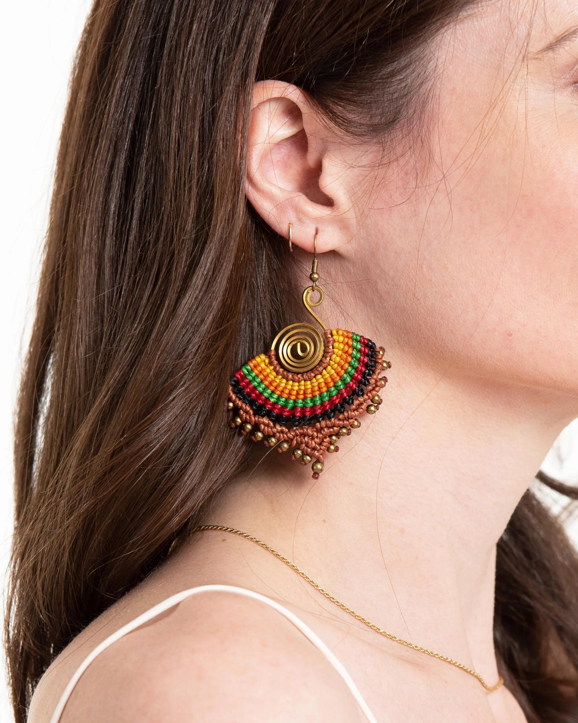 Brown Rainbow Waxed String Spiral Brass Earrings - Image 2