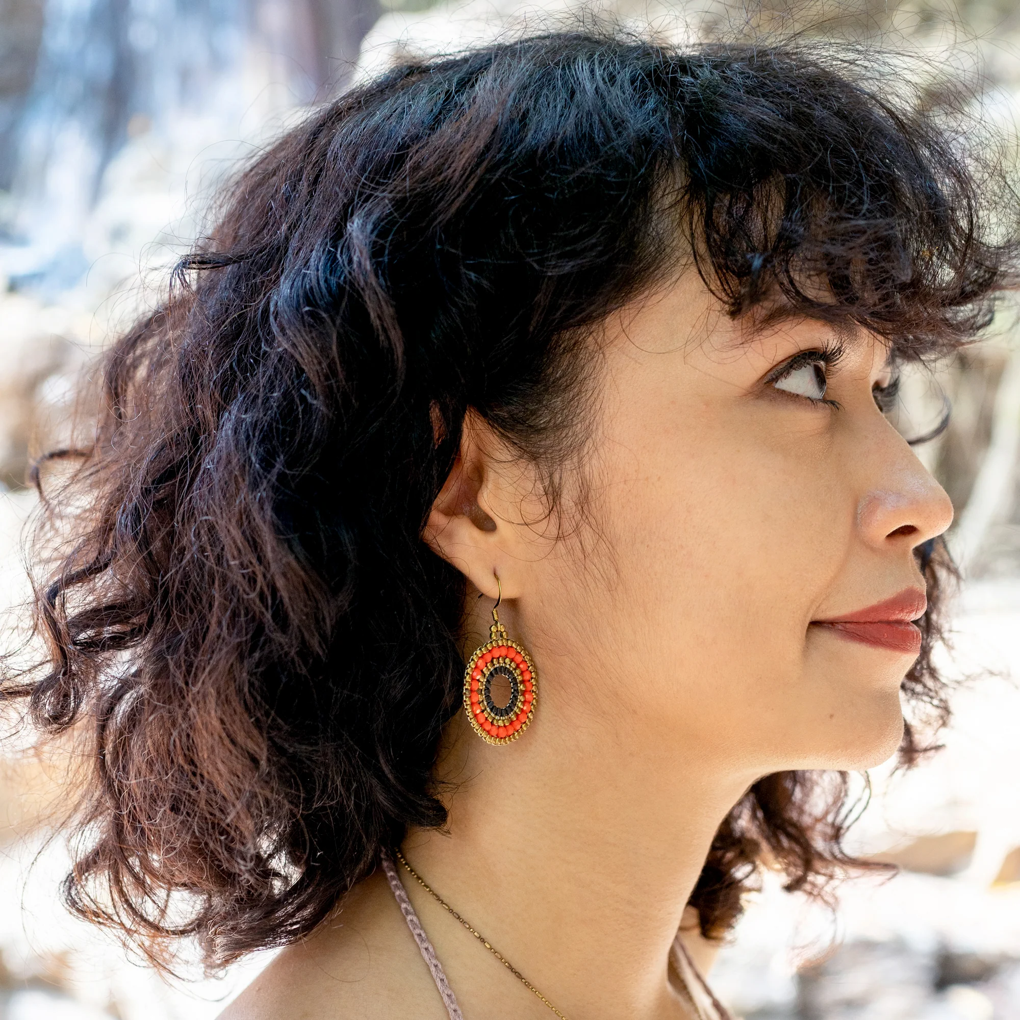 Circle Orange Beads Brass Earrings - Image 2