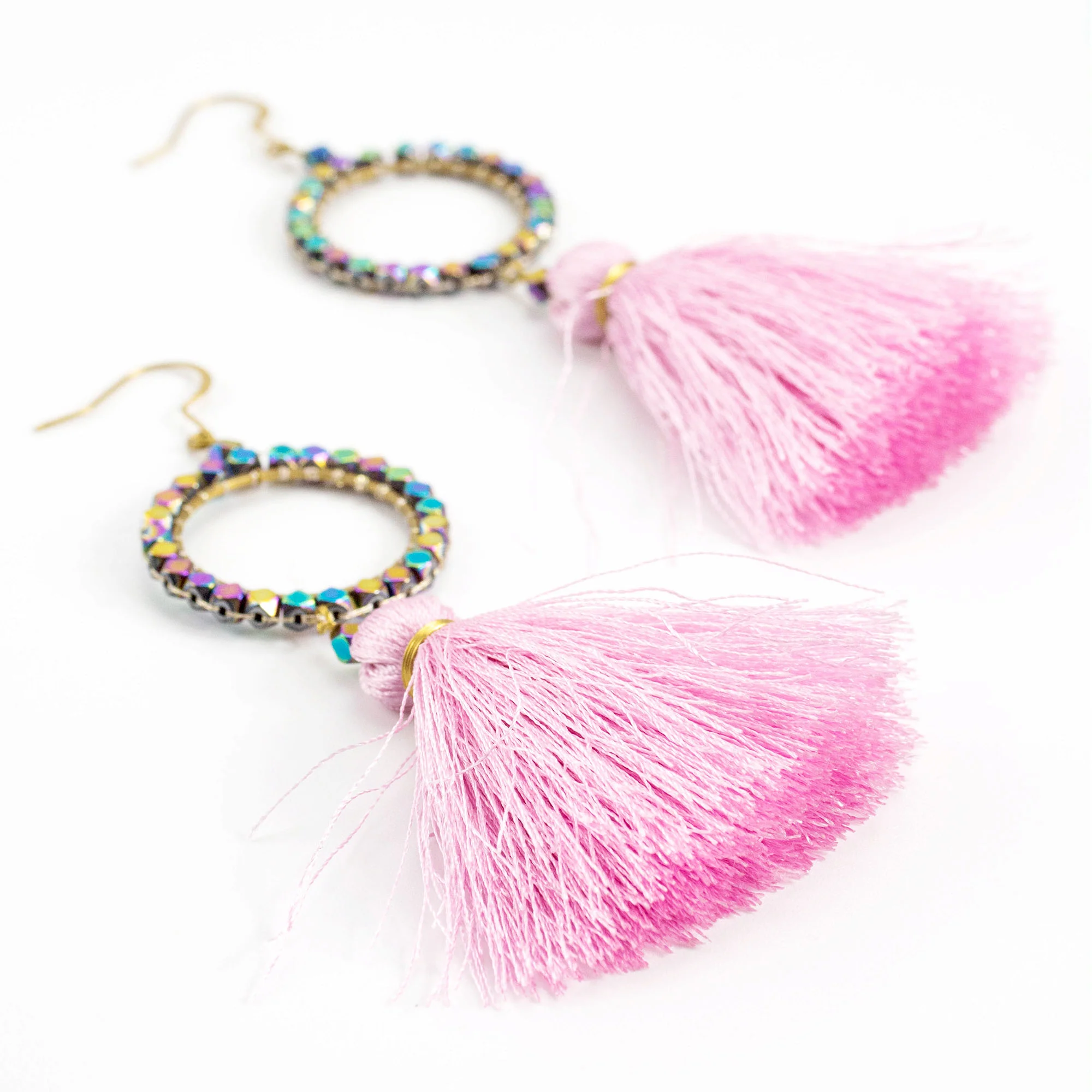 Circle Pink Tassels Brass Earrings - Image 2