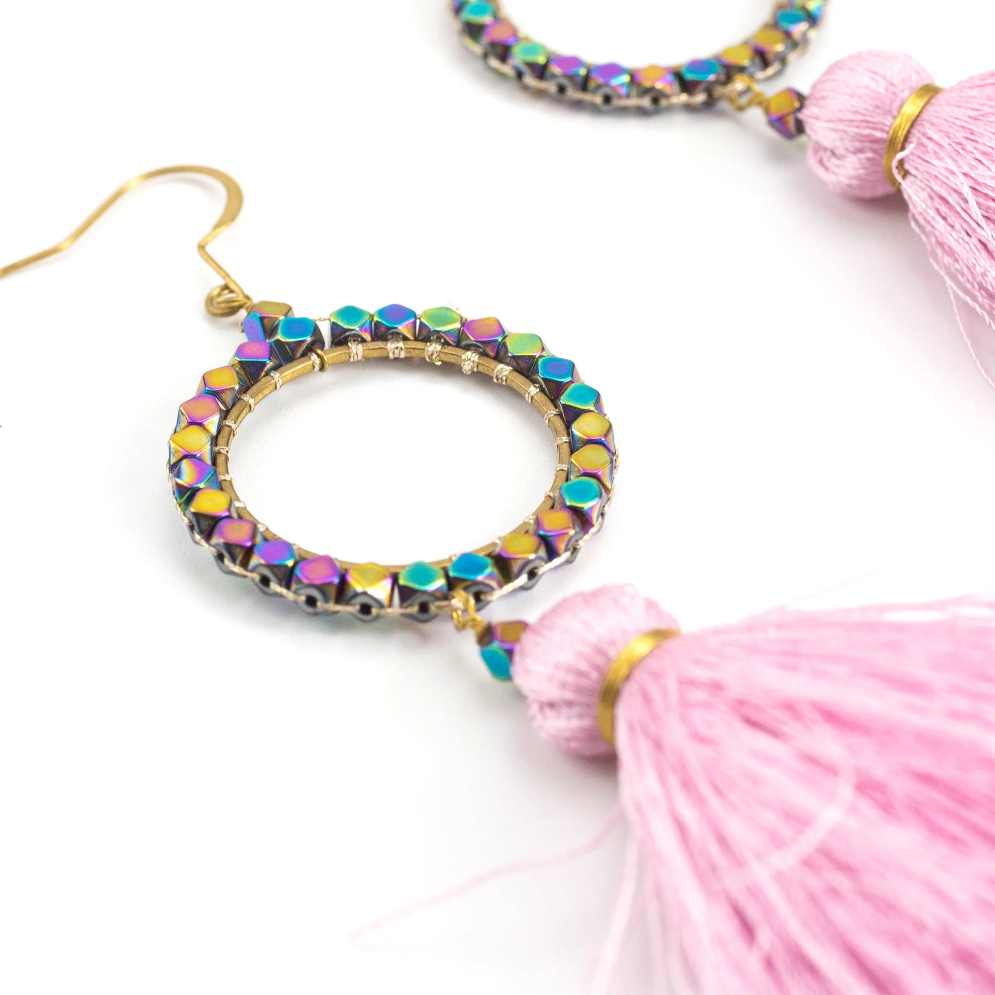 Circle Pink Tassels Brass Earrings - Image 3