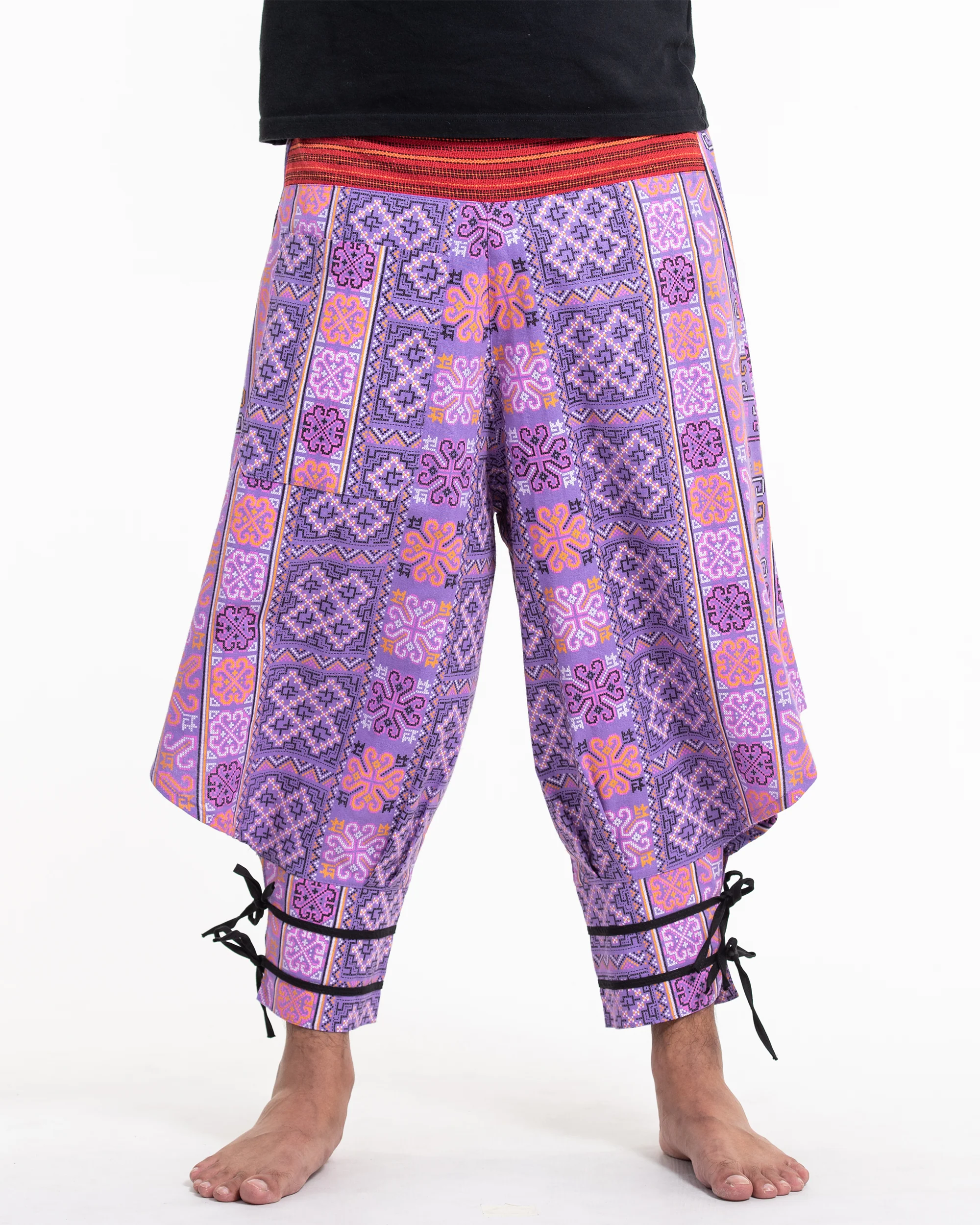 Clovers Thai Hill Tribe Fabric Men's Harem Pants with Ankle Straps in Light Purple - Image 2