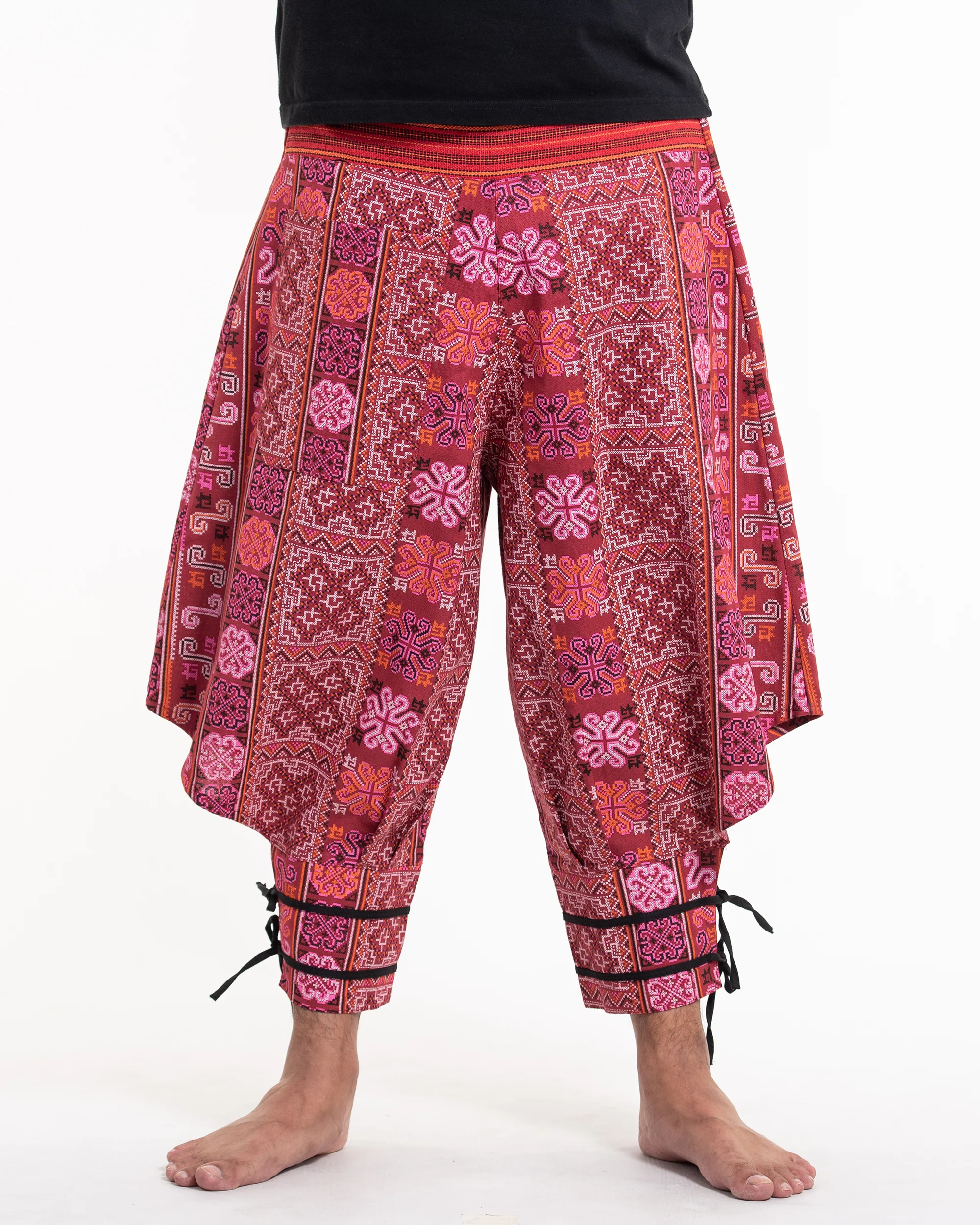 Clovers Thai Hill Tribe Fabric Men's Harem Pants with Ankle Straps in Pink Red - Image 2