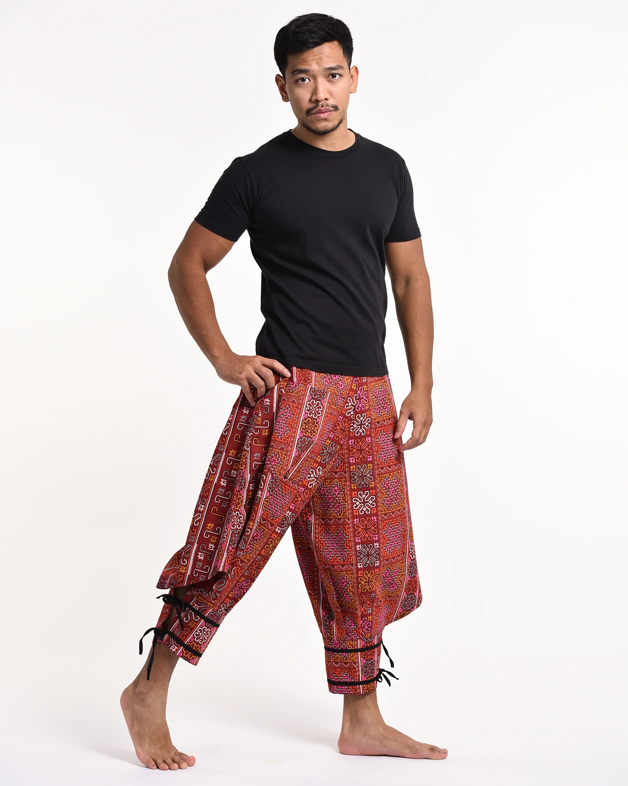 Clovers Thai Hill Tribe Fabric Men's Harem Pants with Ankle Straps in Red - Image 3