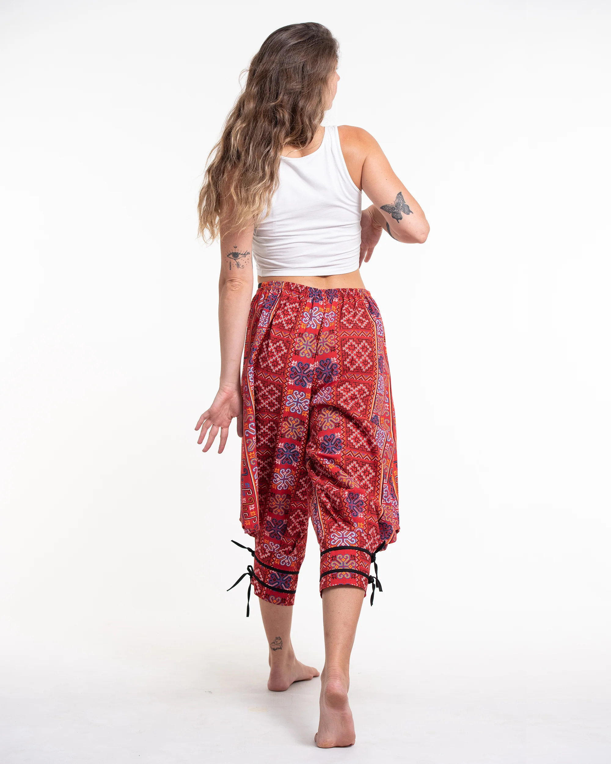 Clovers Thai Hill Tribe Fabric Women's Harem Pants with Ankle Straps in Bright Red - Image 4