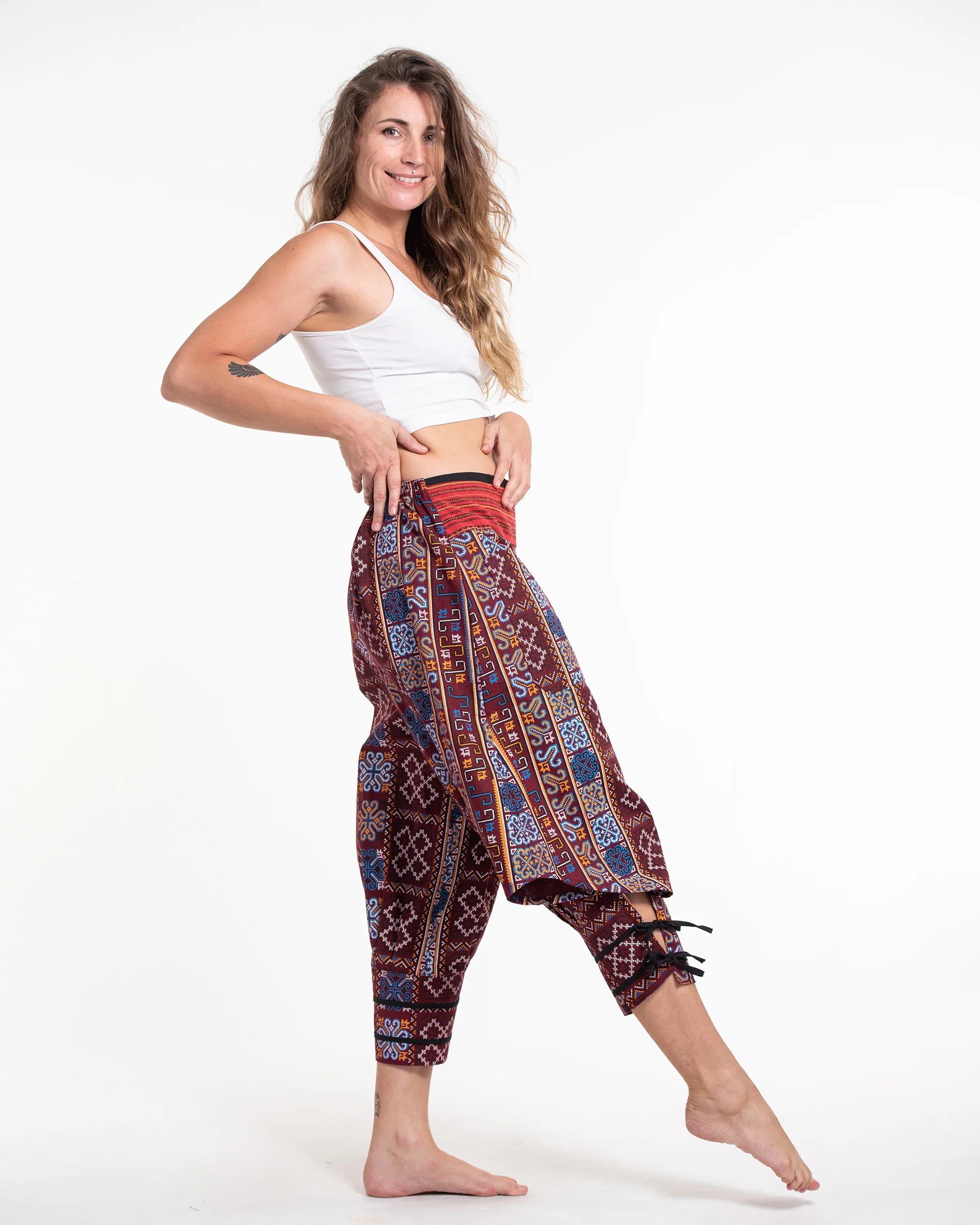 Clovers Thai Hill Tribe Fabric Women's Harem Pants with Ankle Straps in Burgundy - Image 3