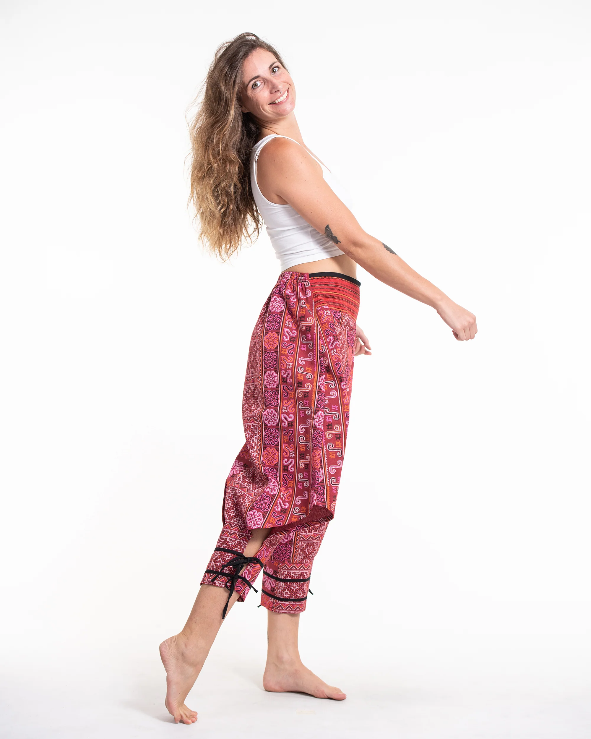 Clovers Thai Hill Tribe Fabric Women's Harem Pants with Ankle Straps in Pink Red - Image 2