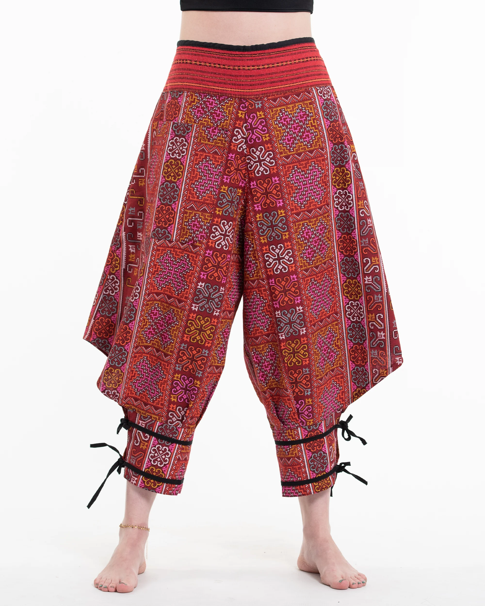 Clovers Thai Hill Tribe Fabric Women's Harem Pants with Ankle Straps in Red - Image 2