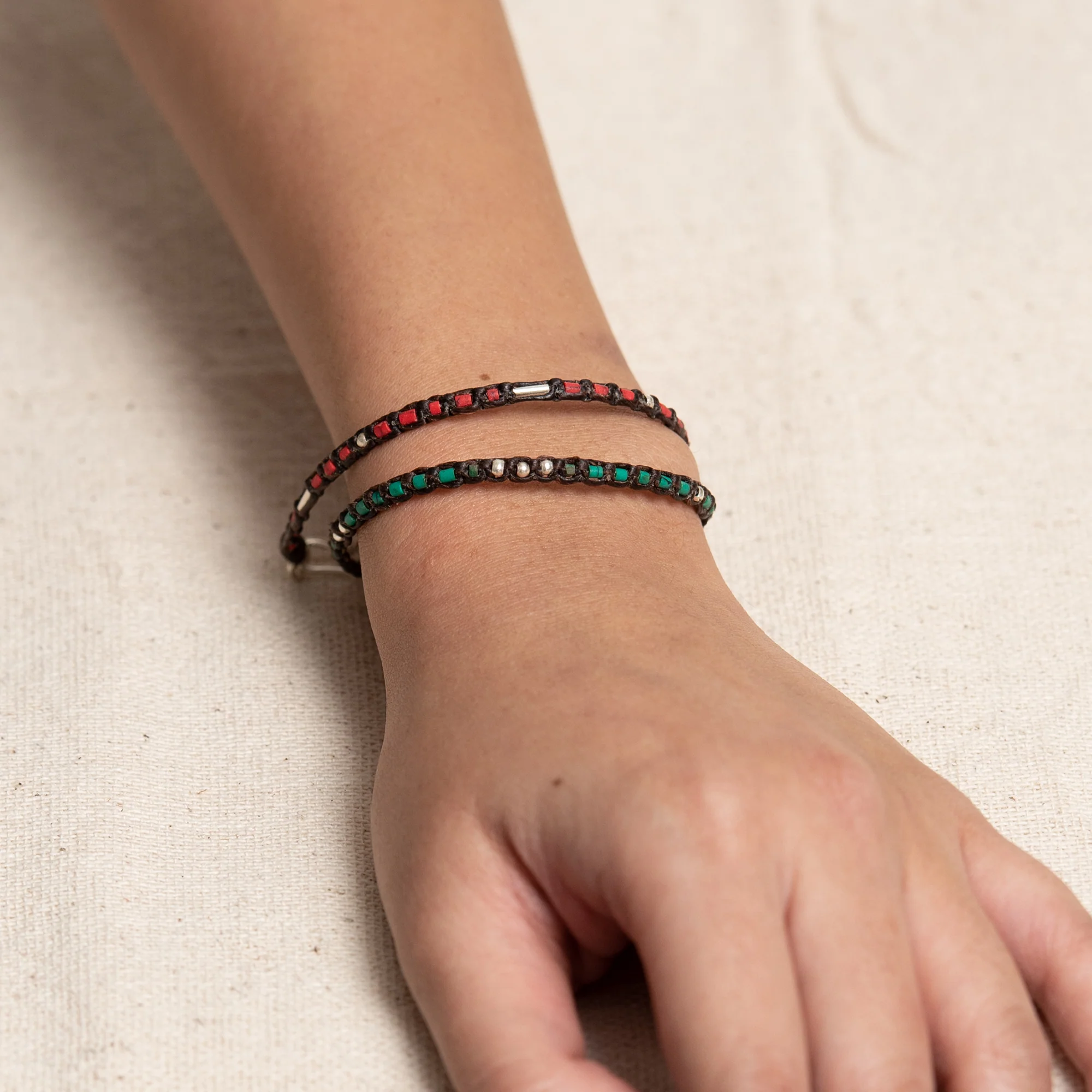 Coral and Silver Beads Bracelet in Brown - Image 2