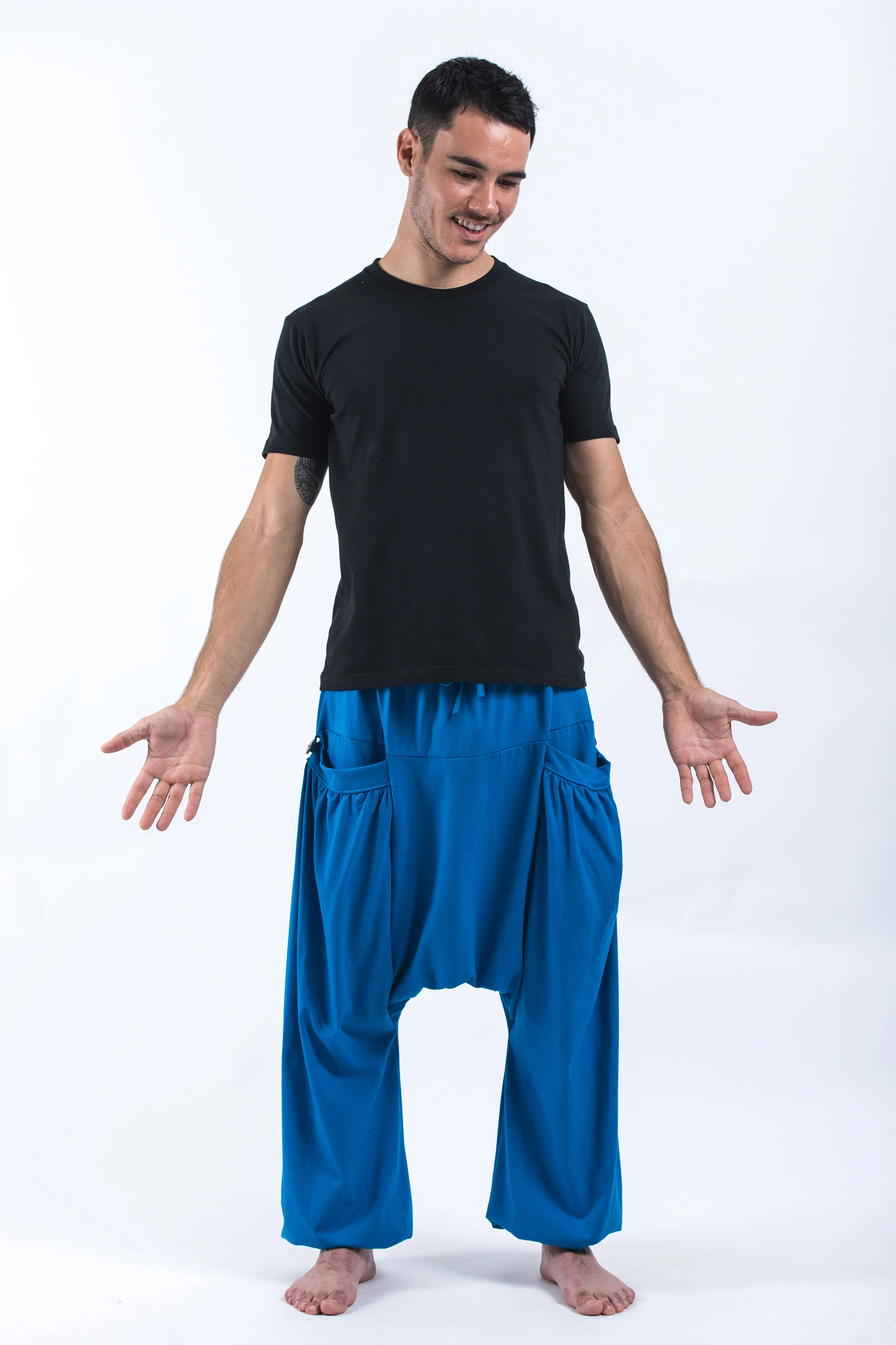 Cotton Men Harem Pants in Solid Blue - Image 4
