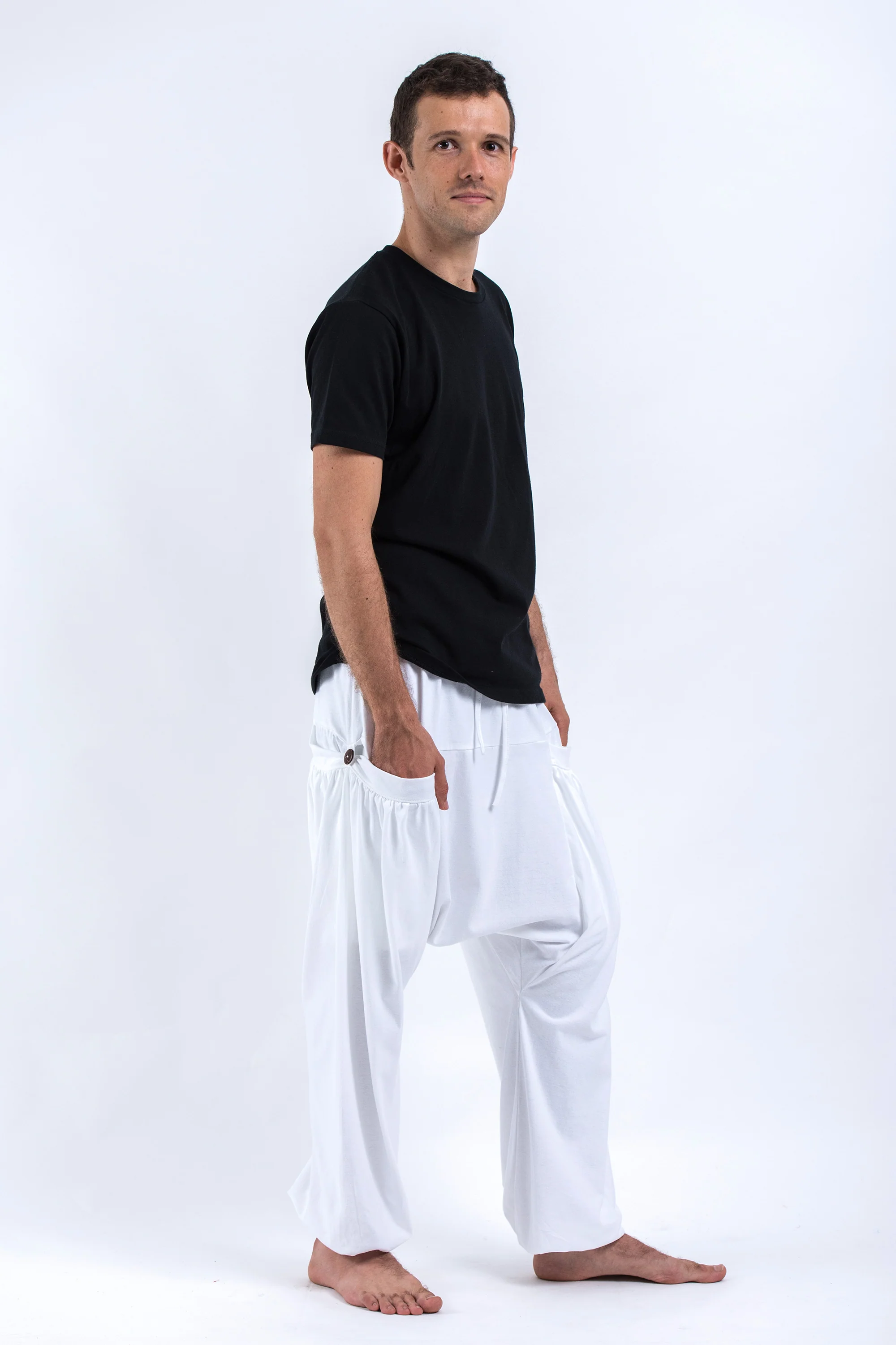 Cotton Men Harem Pants in Solid White - Image 4