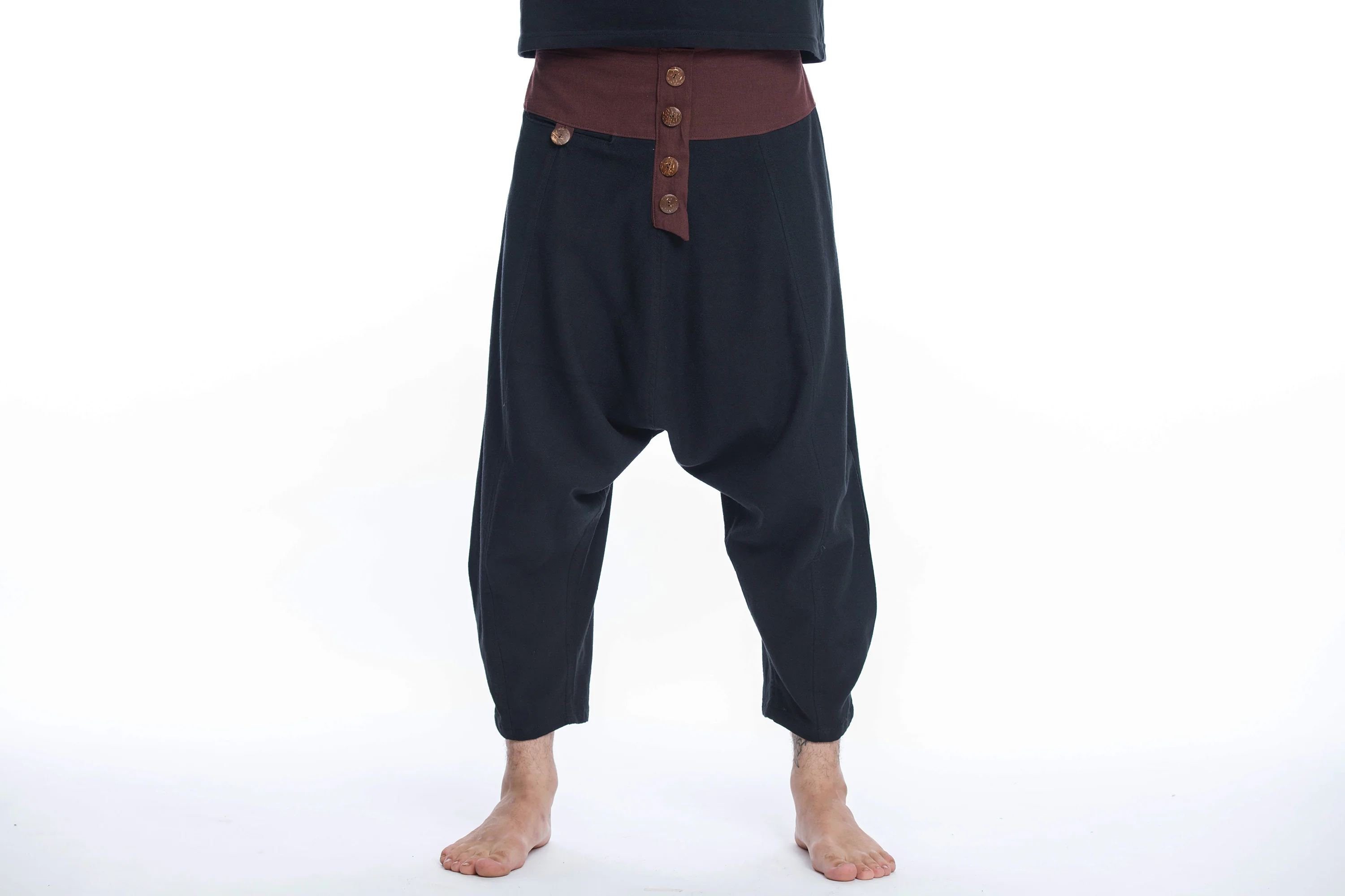 Cotton Men's Harem Pants with Faux Buttons in Black - Image 2