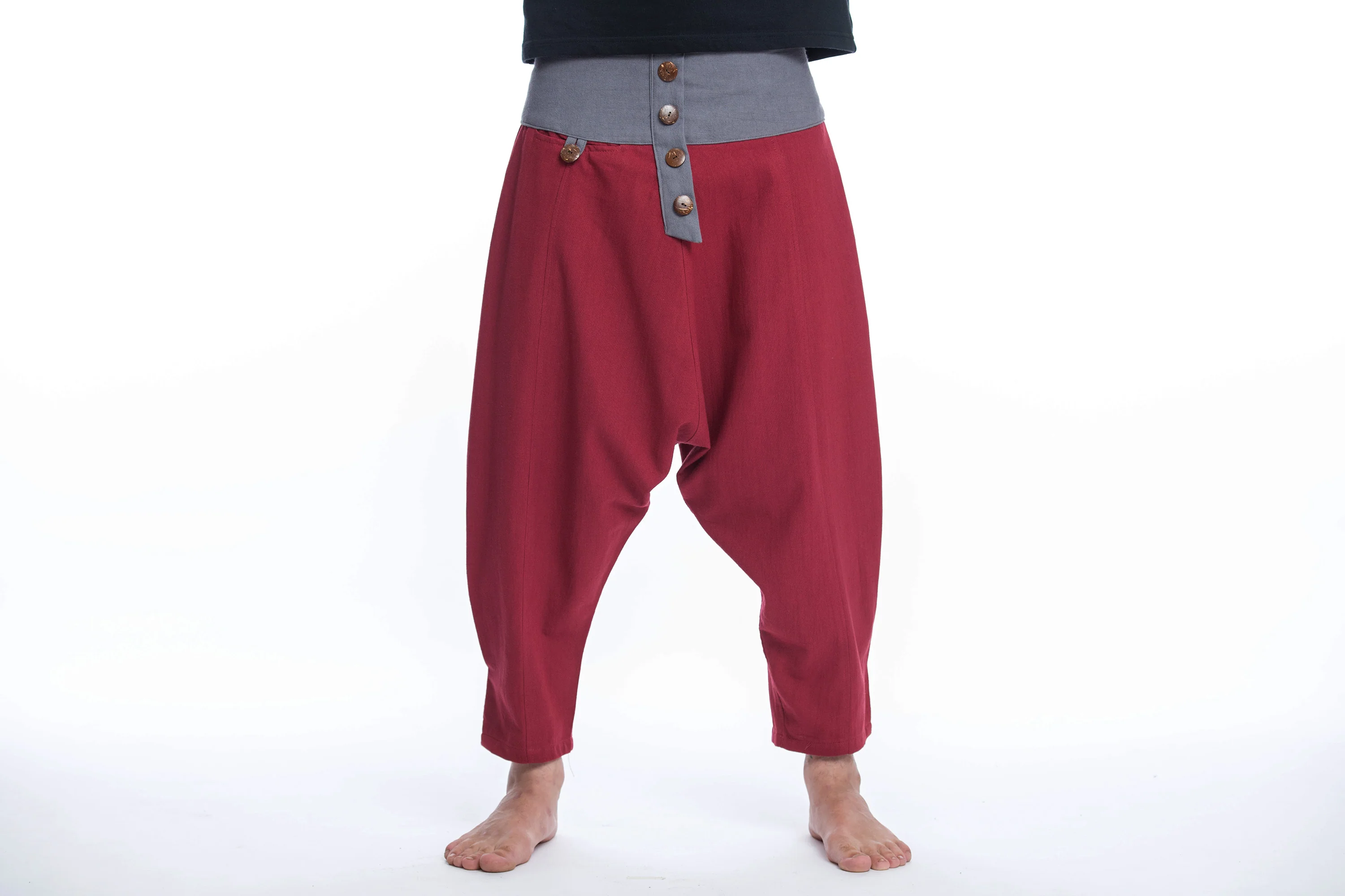 Cotton Men's Harem Pants with Faux Buttons in Red - Image 2