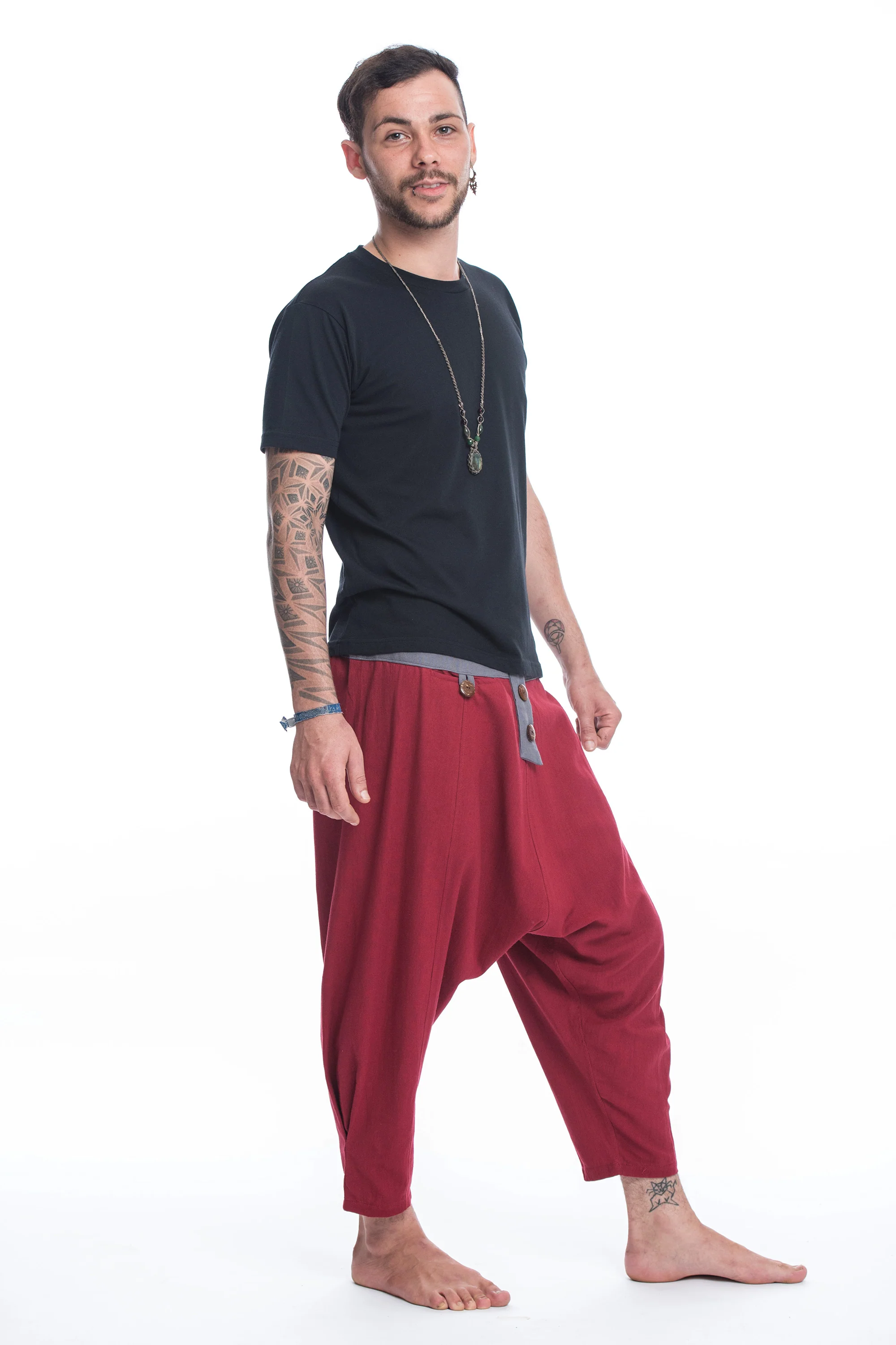 Cotton Men's Harem Pants with Faux Buttons in Red - Image 3