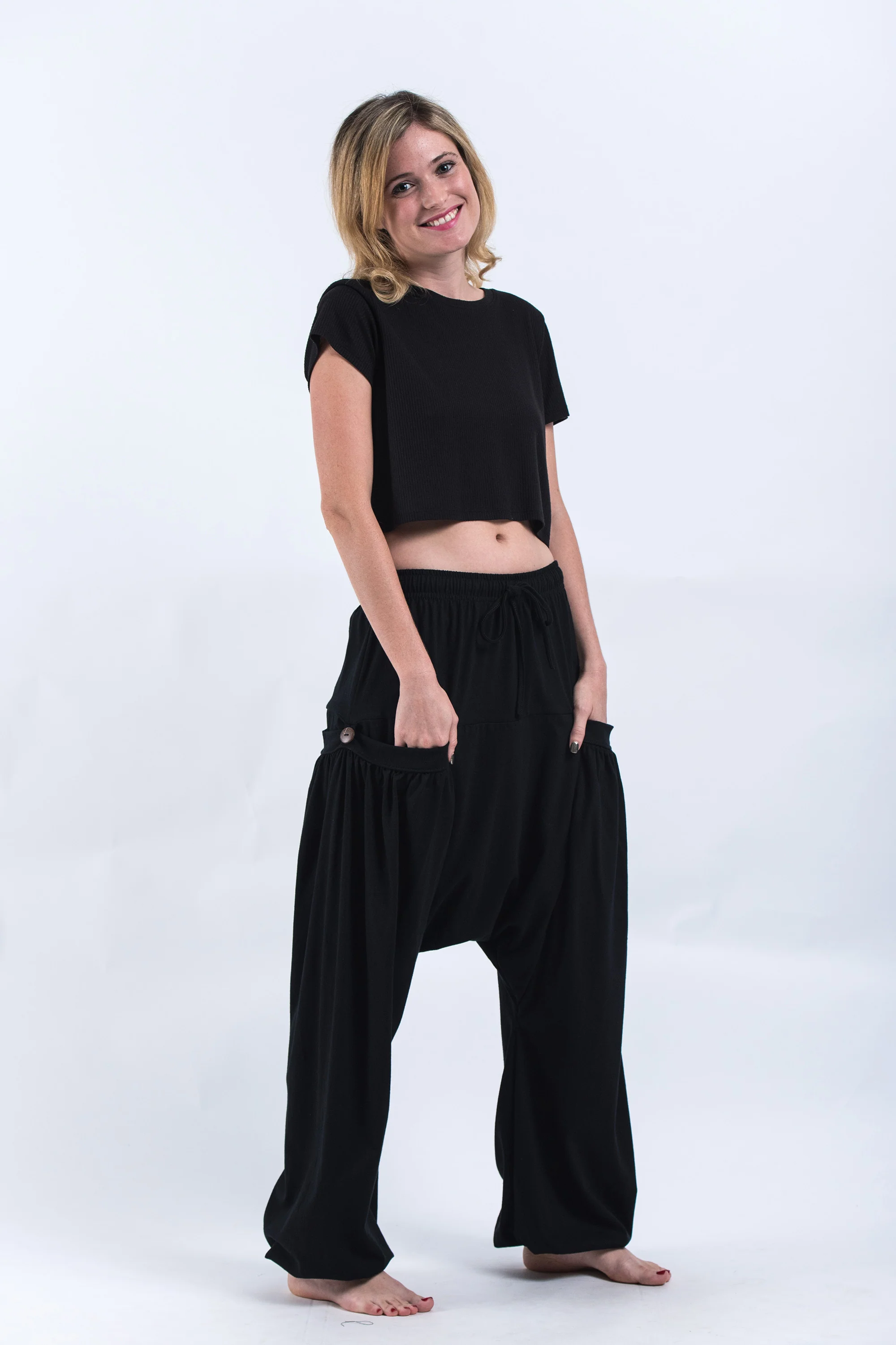 Cotton Women Harem Pants in Solid Black - Image 4