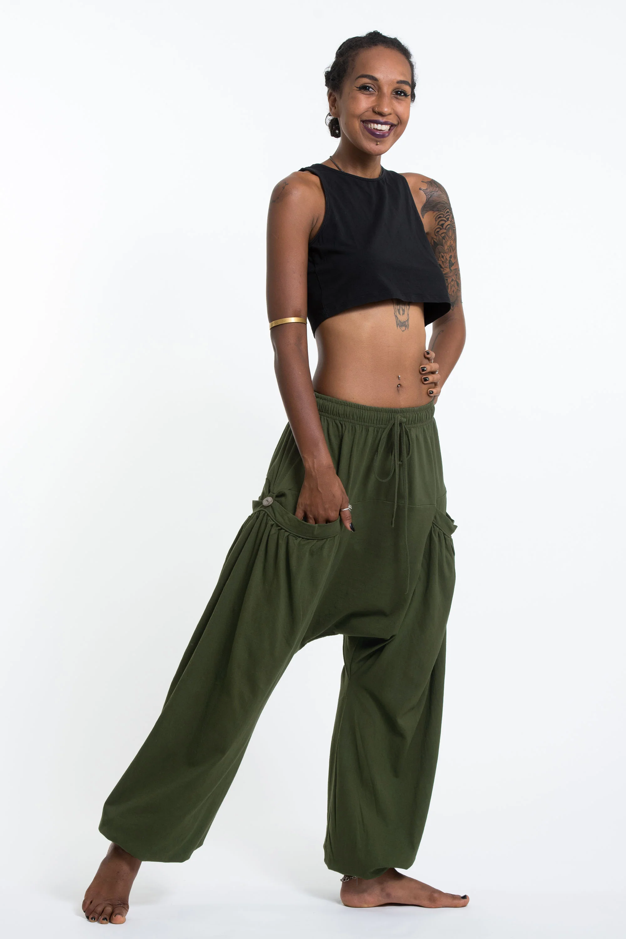 Cotton Women Harem Pants in Solid Green - Image 3
