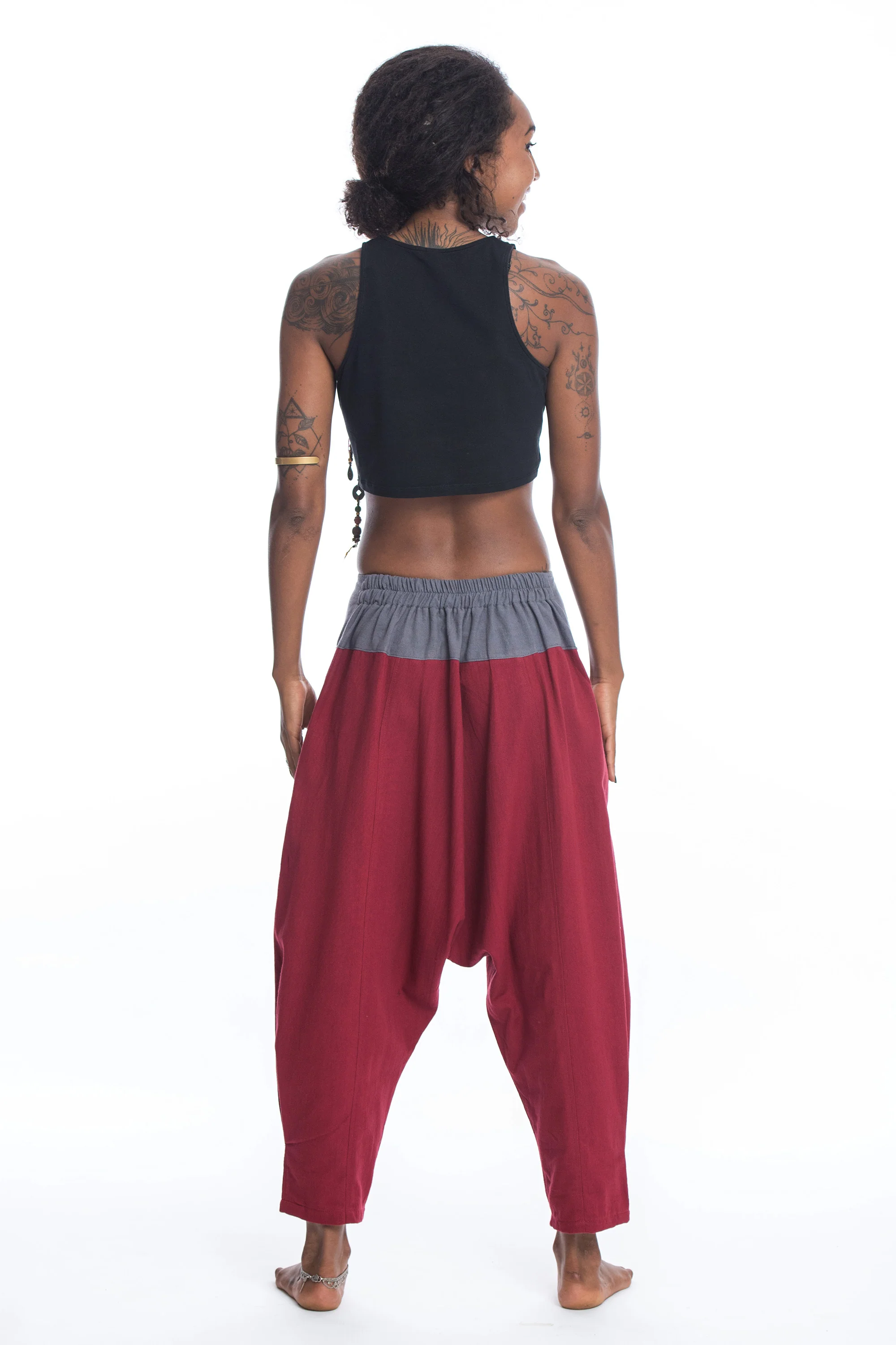 Cotton Women's Harem Pants with Faux Buttons in Red - Image 4