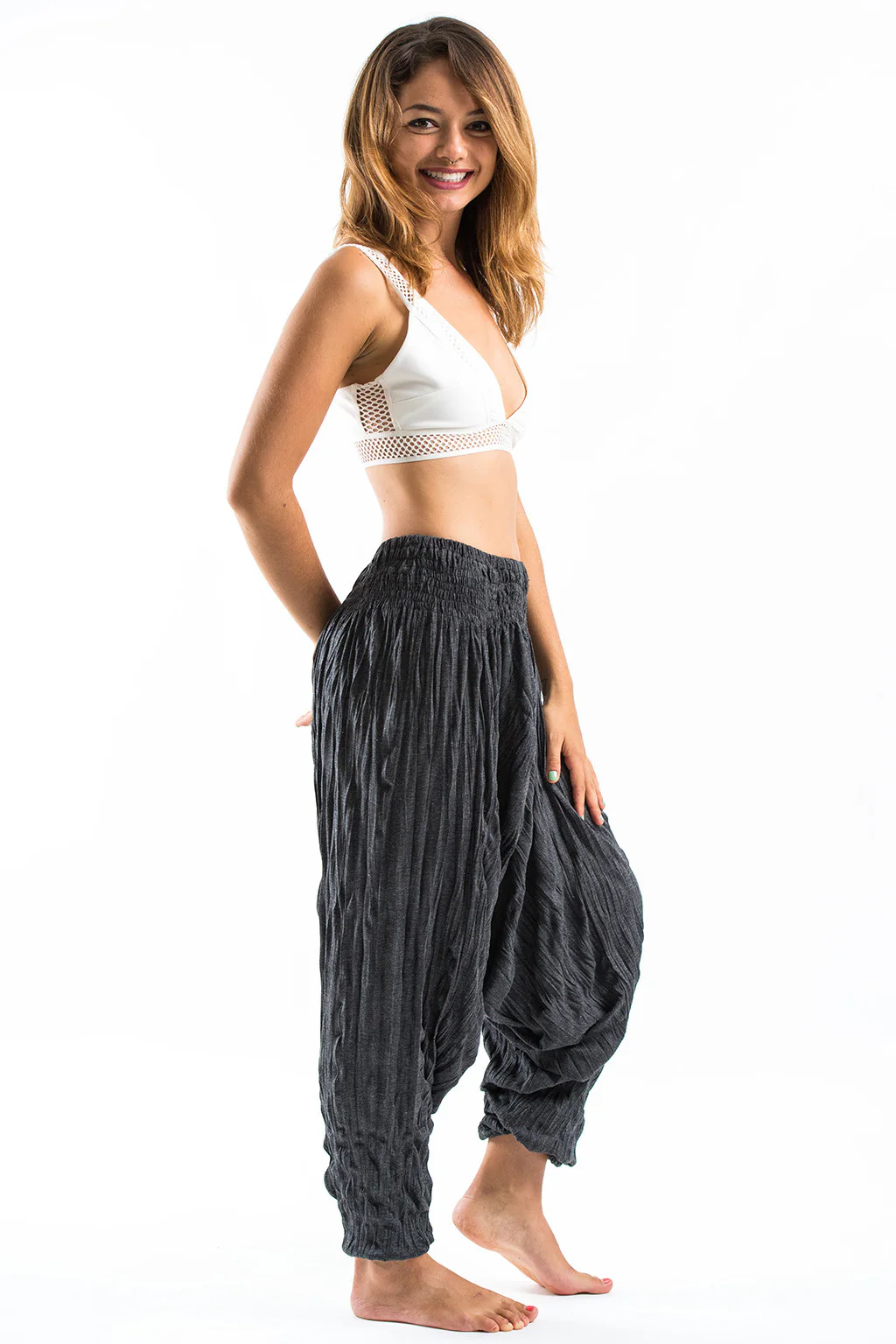 Crinkled Cotton Harem Pants in Black - Image 3