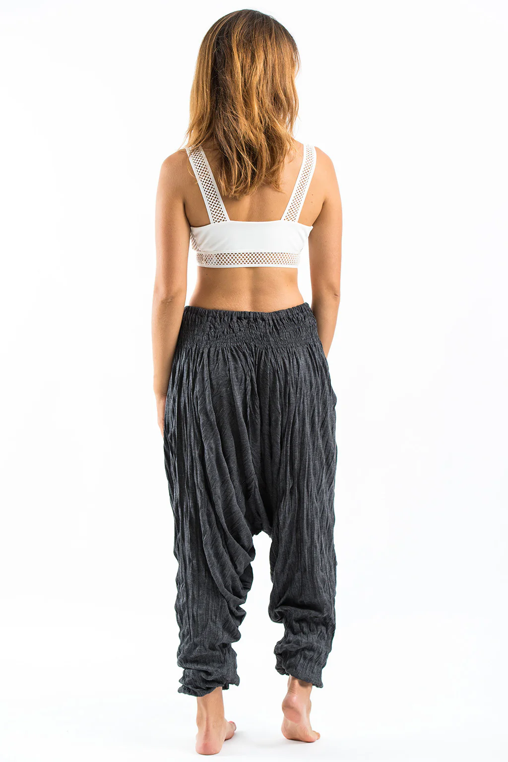 Crinkled Cotton Harem Pants in Black - Image 4