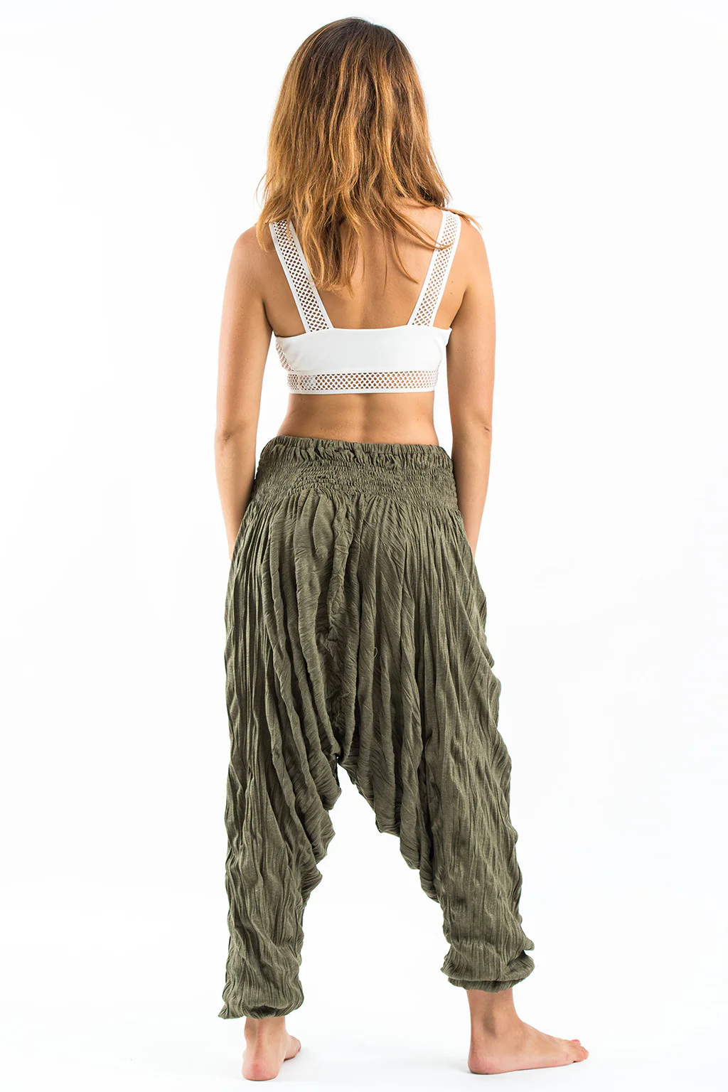 Crinkled Cotton Harem Pants in Green - Image 4