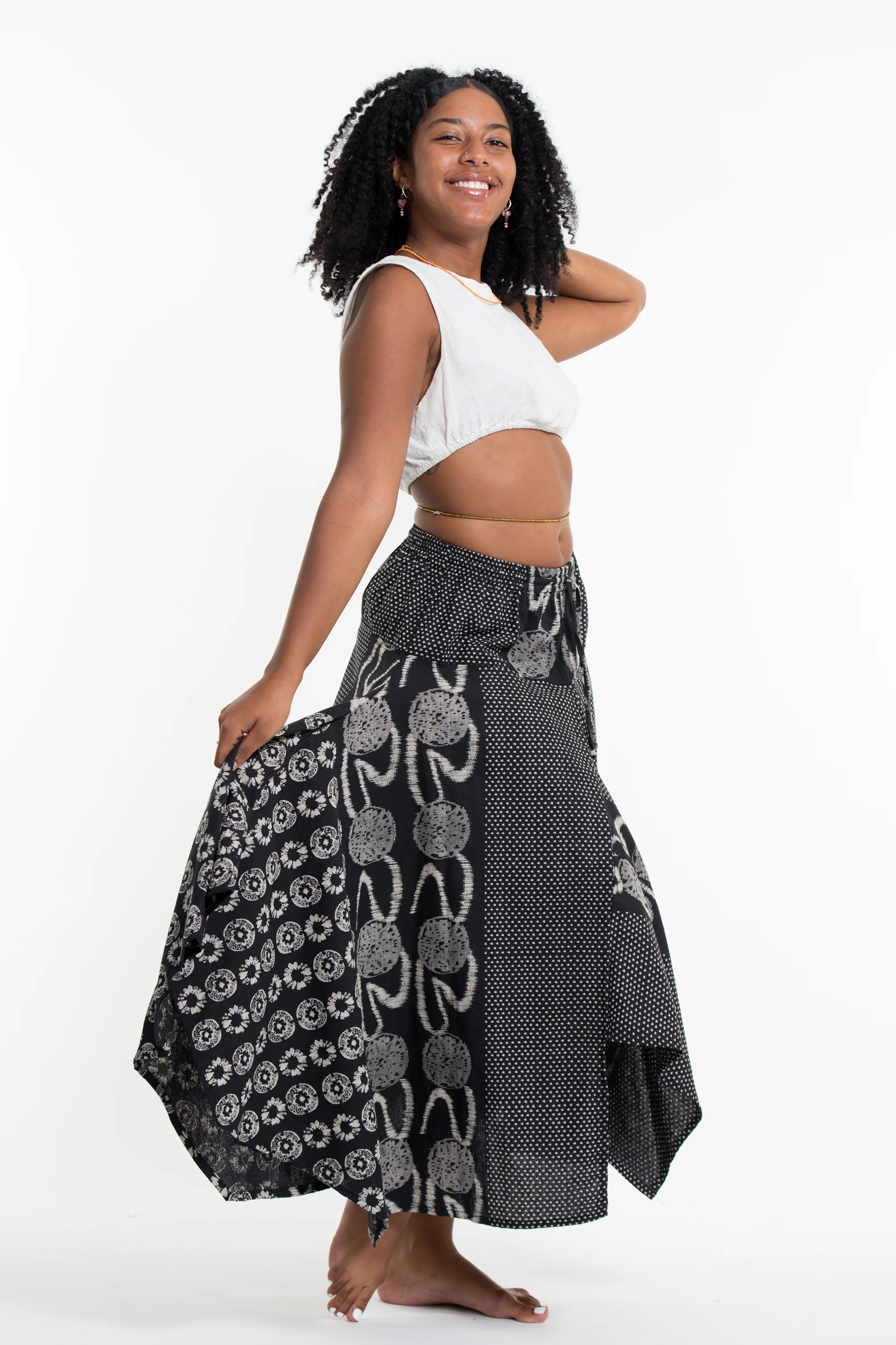 Daisy Dot Prints Cotton Handkerchief Midi Skirt in Black - Image 3