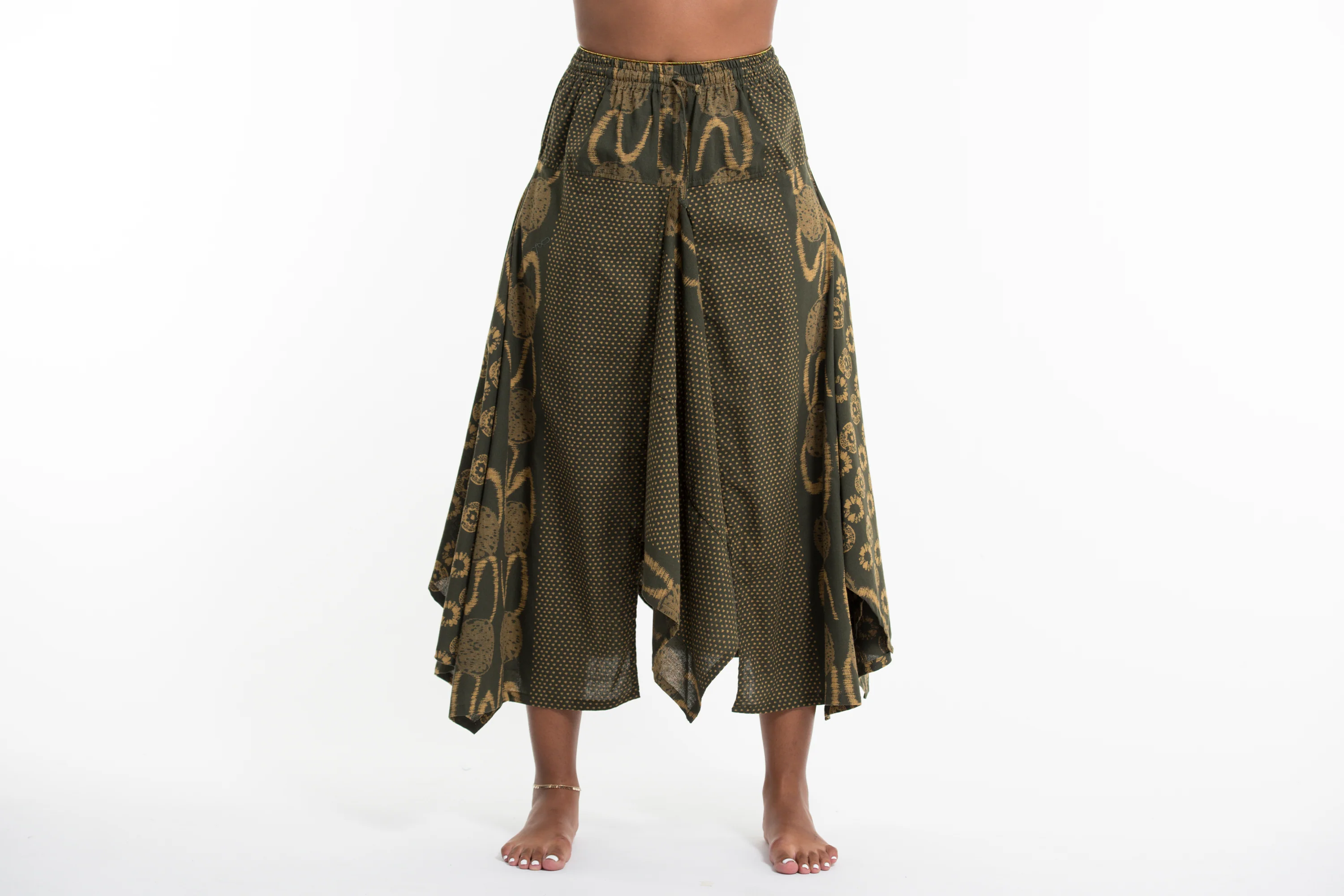 Daisy Dot Prints Cotton Handkerchief Midi Skirt in Olive - Image 2